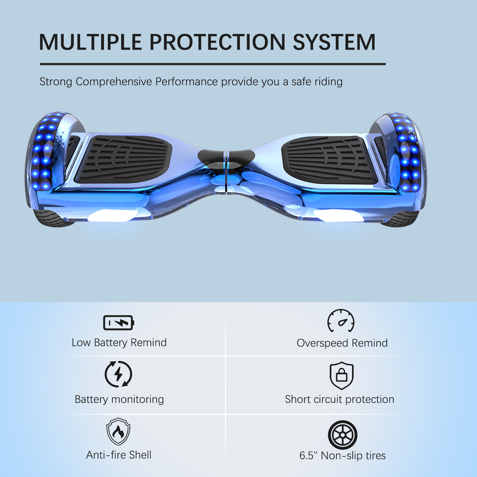 Blaues Hoverboard mit Symbolen für Sicherheitsmerkmale.