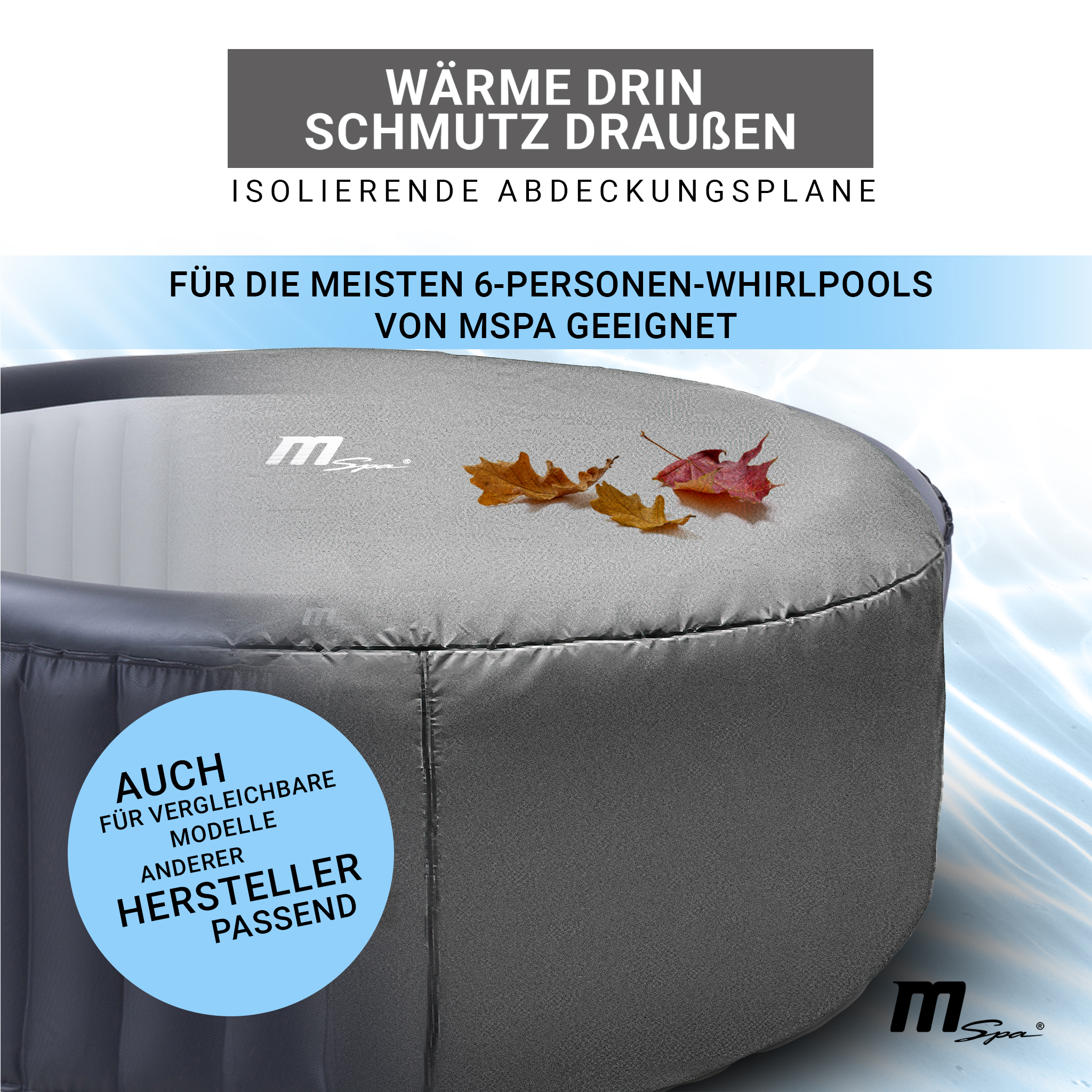 Eine graue Whirlpoolabdeckung mit Blättern darauf. Text auf Deutsch.