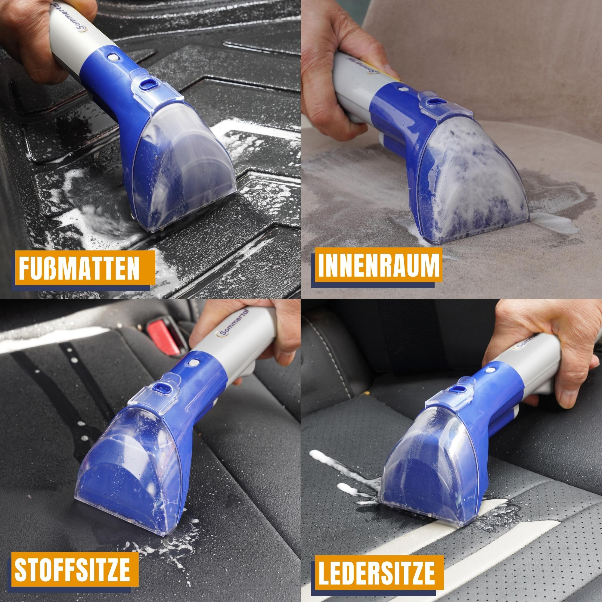 Vier Bilder, die ein blau-weißes Reinigungswerkzeug zeigen, das auf Automatten und Sitzen verwendet wird.