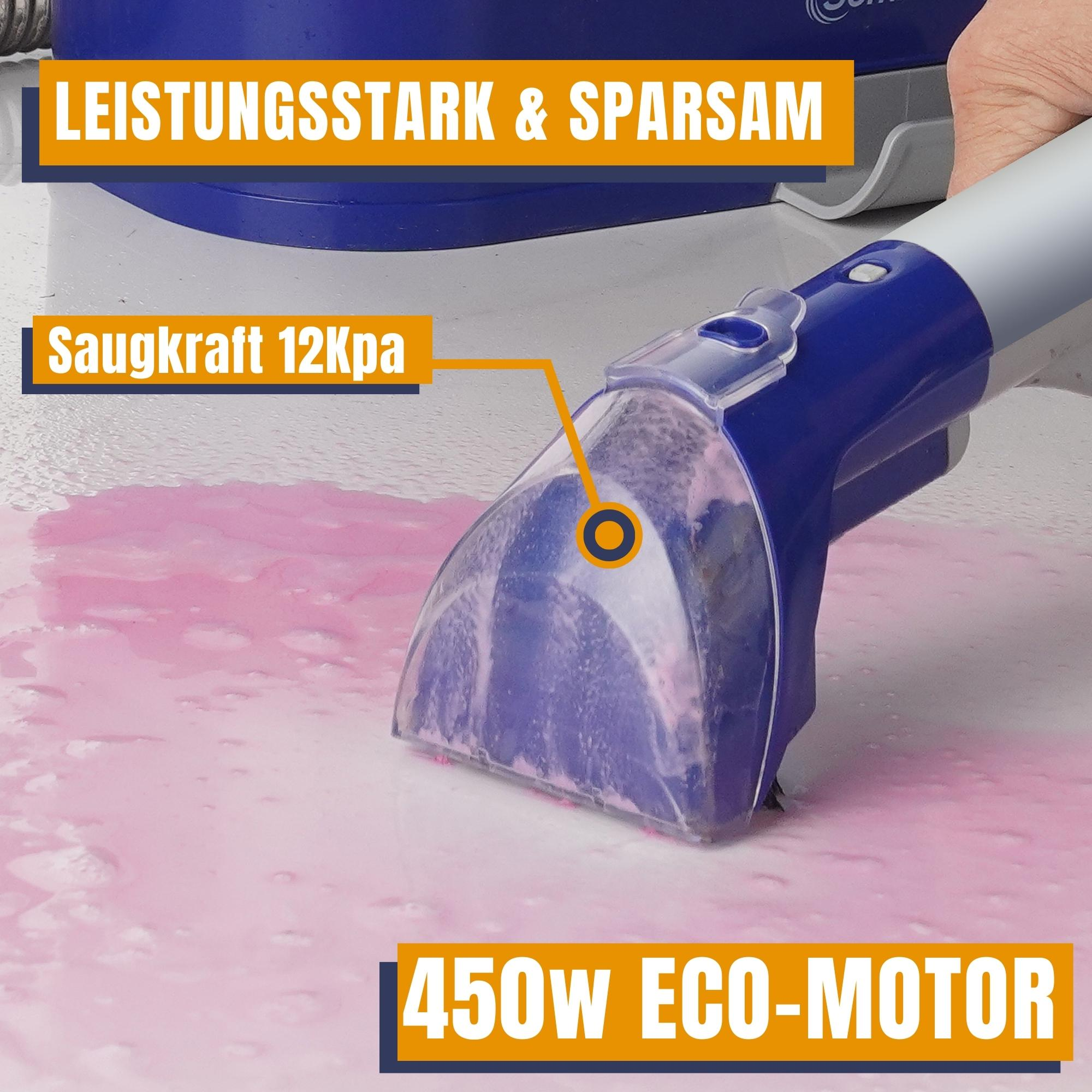 Ein blau-weißer Dampfreinigerkopf reinigt eine rosa Oberfläche. Der Text lautet 'Leistungsstark & Sparsam' und 'Eco-Motor'.