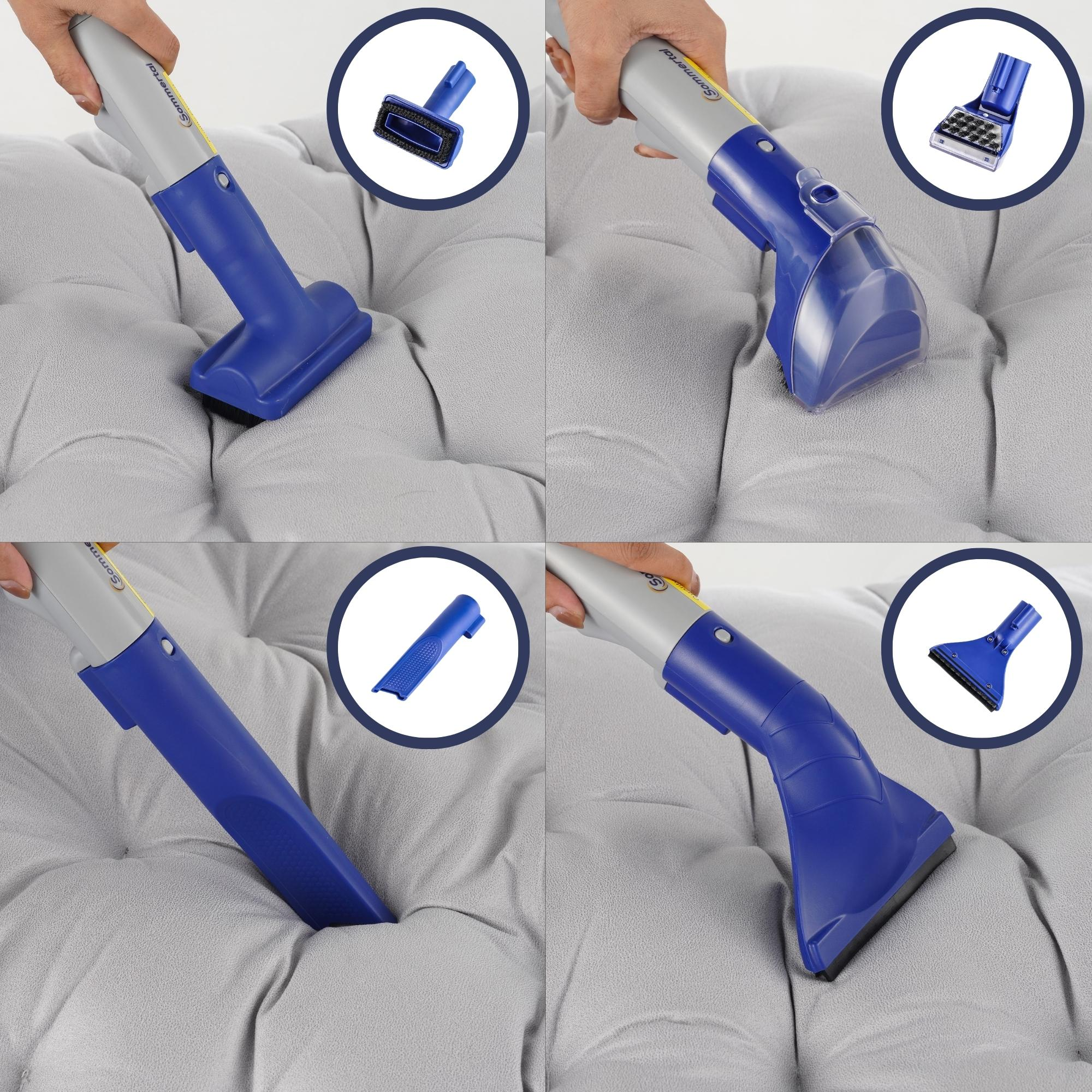 Vier Bilder eines blau-grauen Handstaubsaugers mit Aufsätzen.