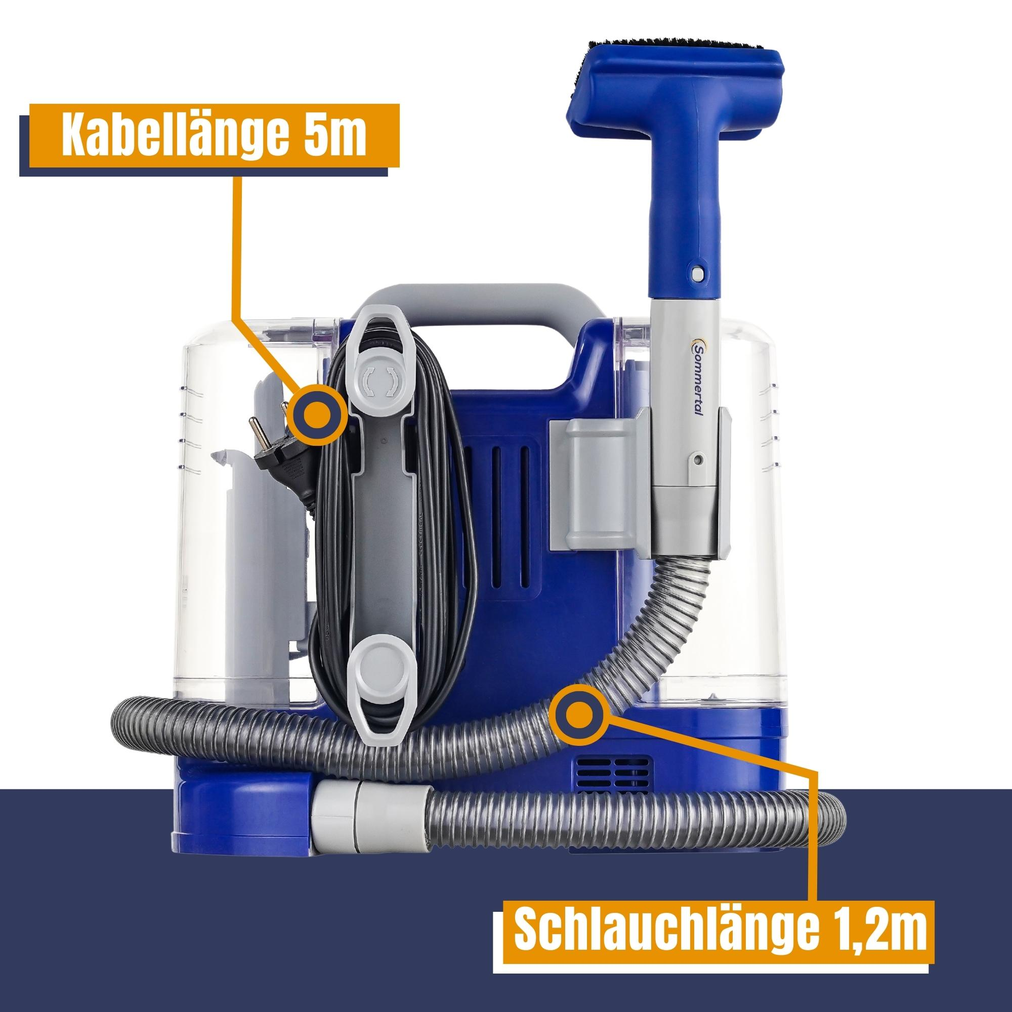 Blau-weißer Teppichreiniger mit Schlauch und Netzkabel.