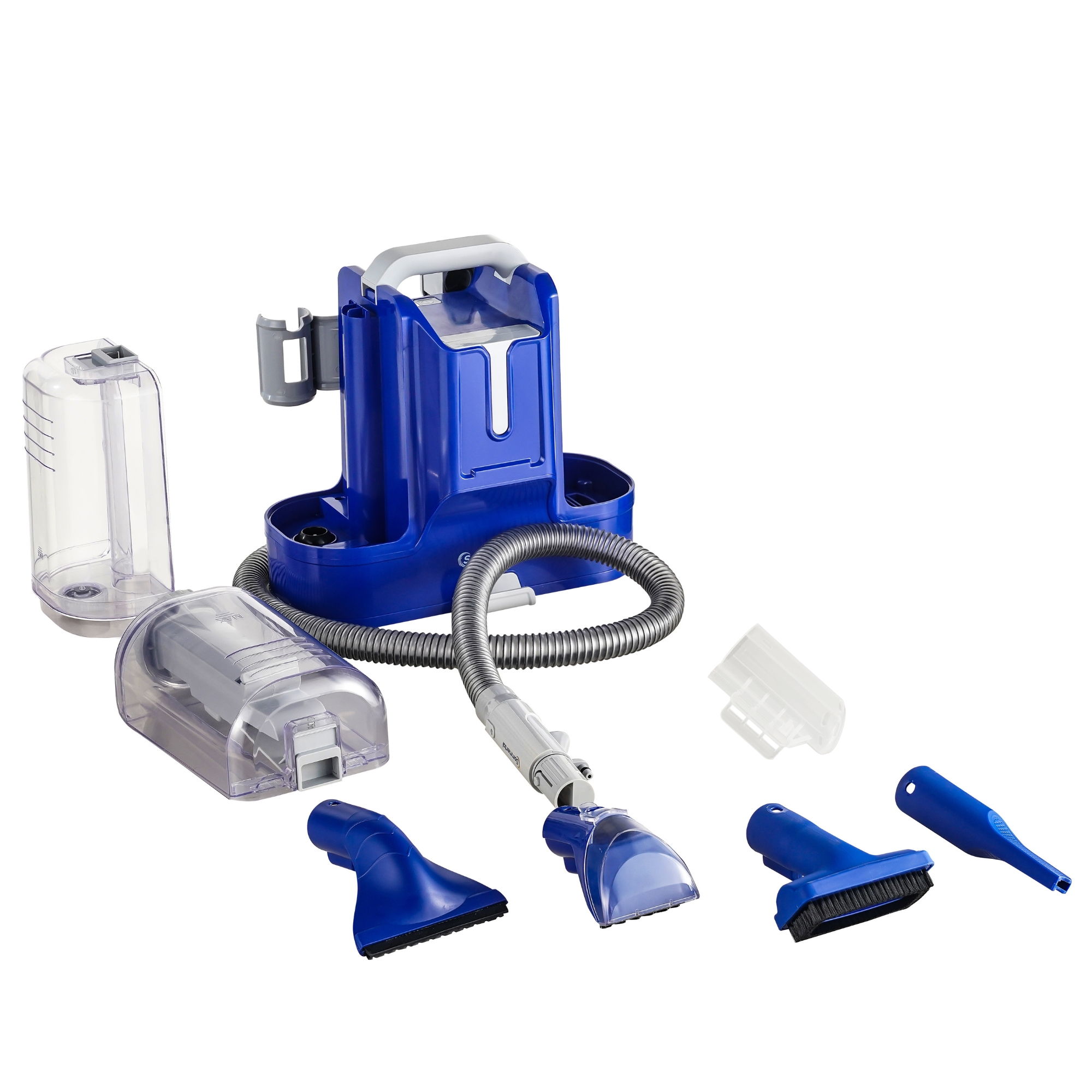 Eine blau-weiße Reinigungsmaschine mit verschiedenen Aufsätzen. Es ist ein Set zum Reinigen mit mehreren Komponenten.