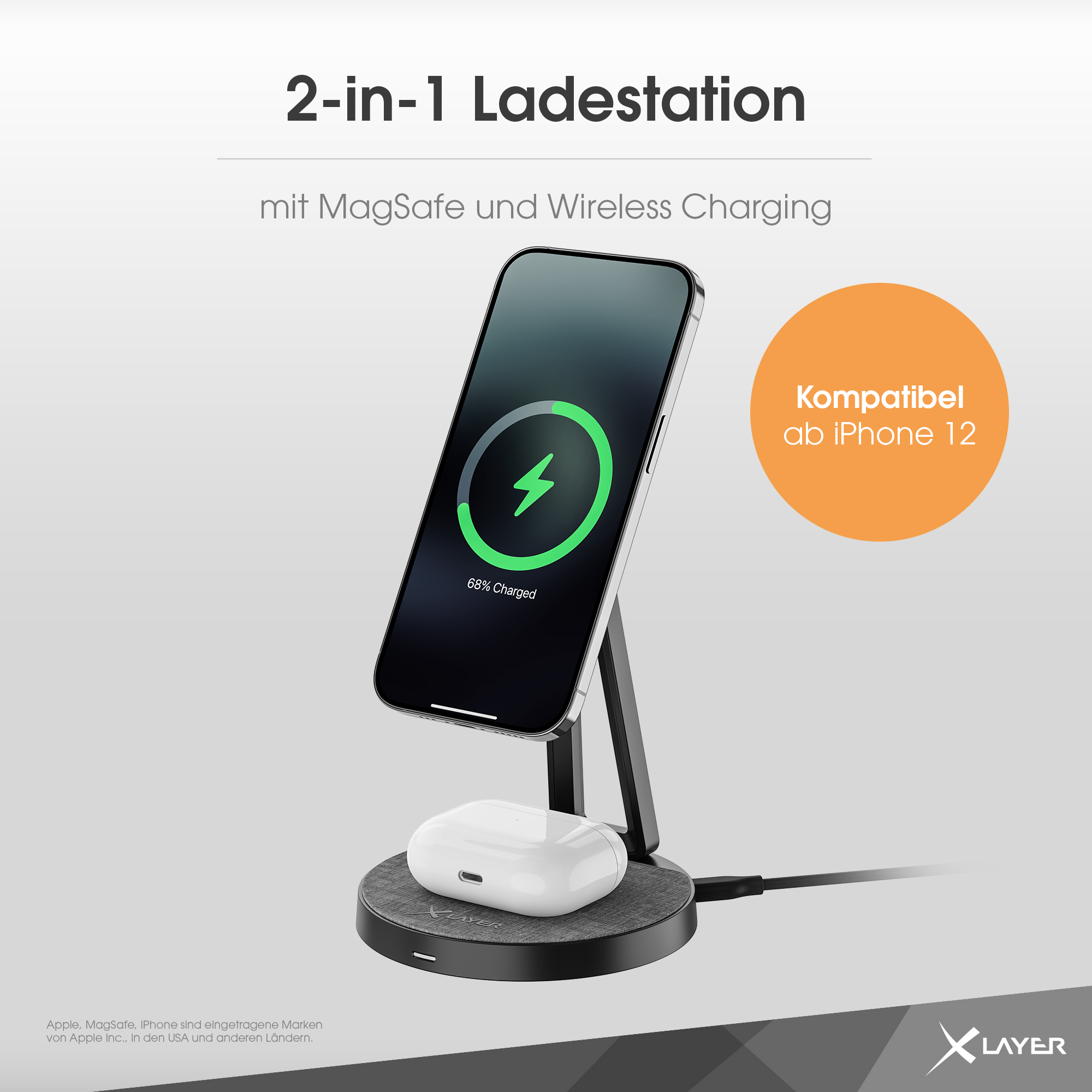 Ladestation mit Telefon mit Ladesymbol, Kopfhörerhülle und schwarzem Ständer.