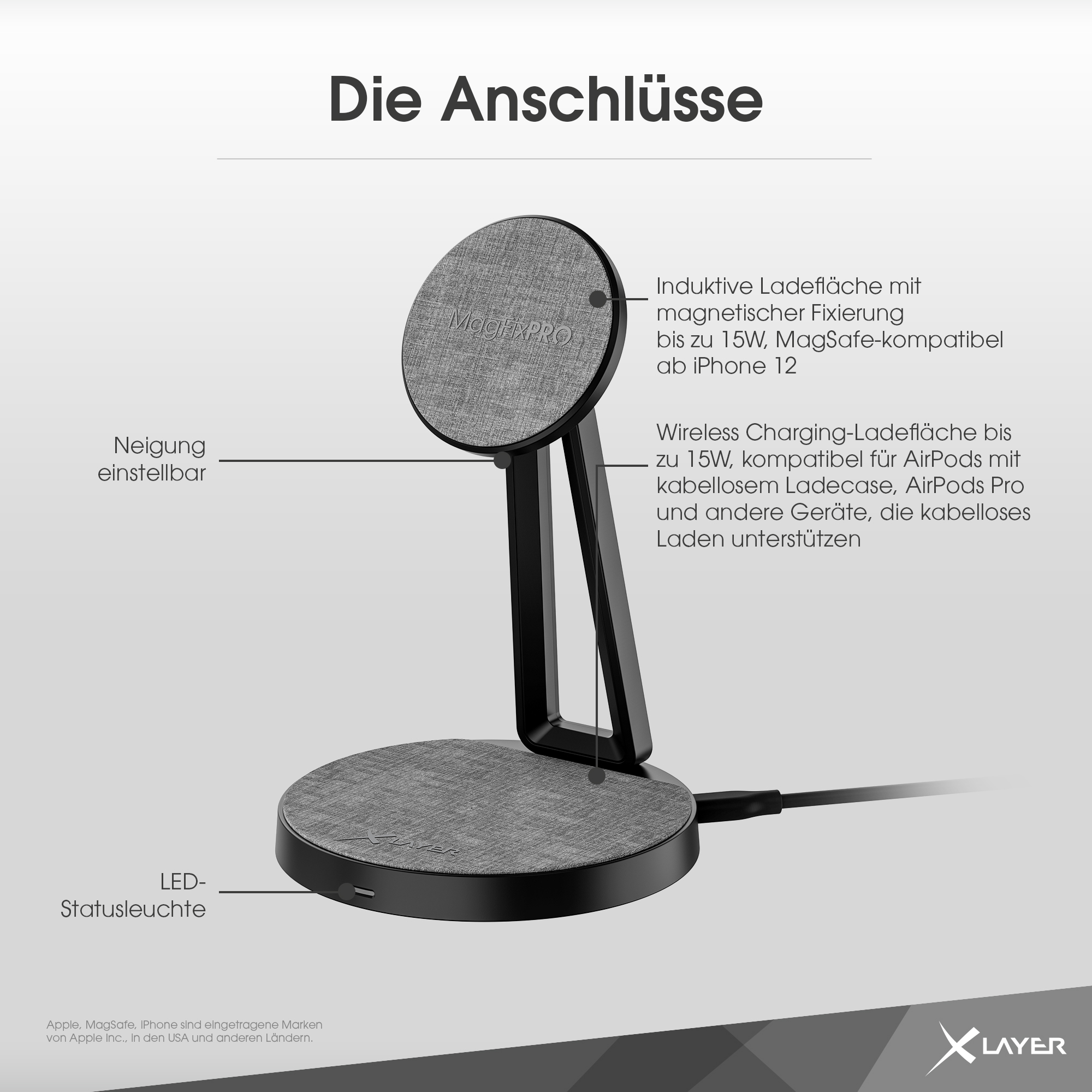 Kabelloses Ladegerät mit verstellbarem Ständer und Textbeschreibungen.