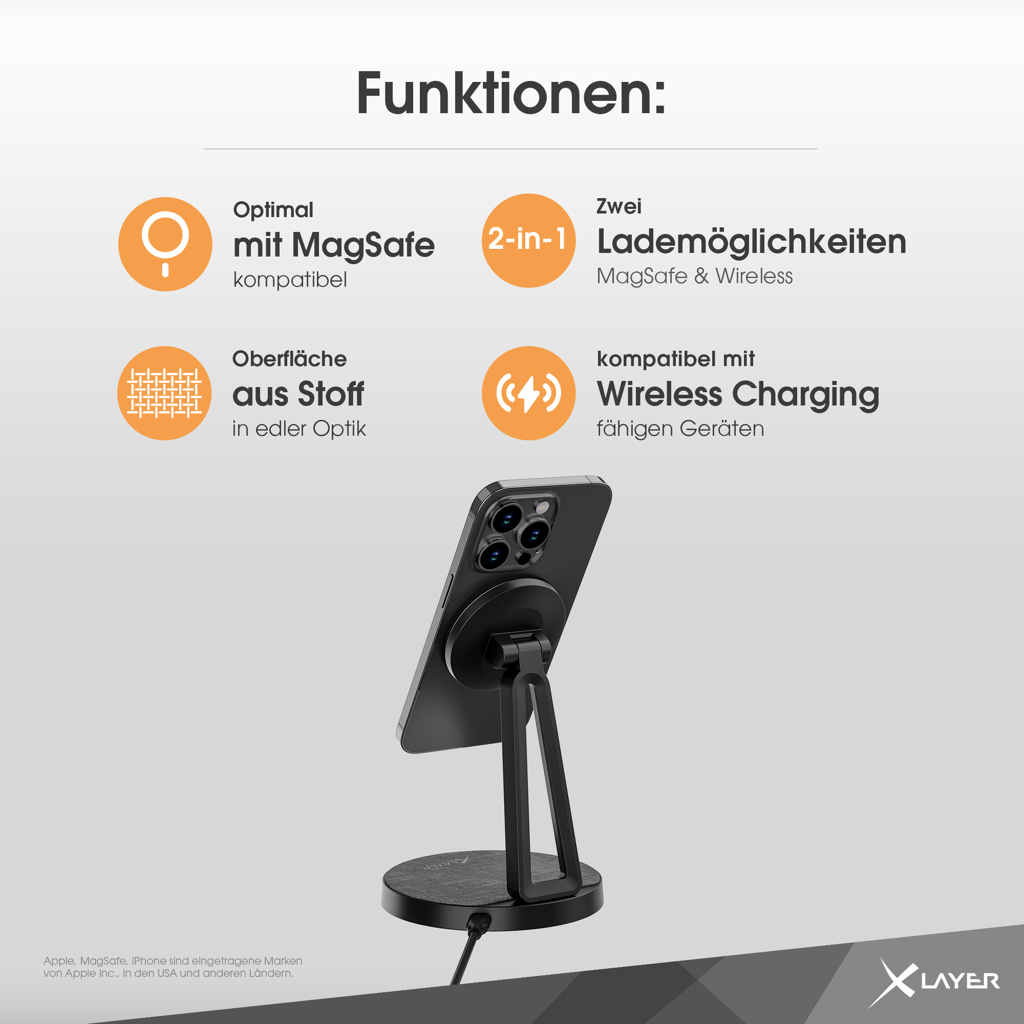 Ein schwarzes Telefon mit einem MagSafe-Ladegerät auf einem Ständer. Es gibt vier Symbole und Text, der kabelloses Laden beschreibt.