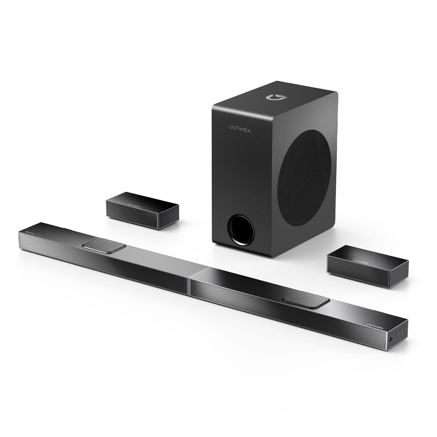 Czarny soundbar Ultimea, subwoofer i dwa głośniki satelitarne na białym tle.