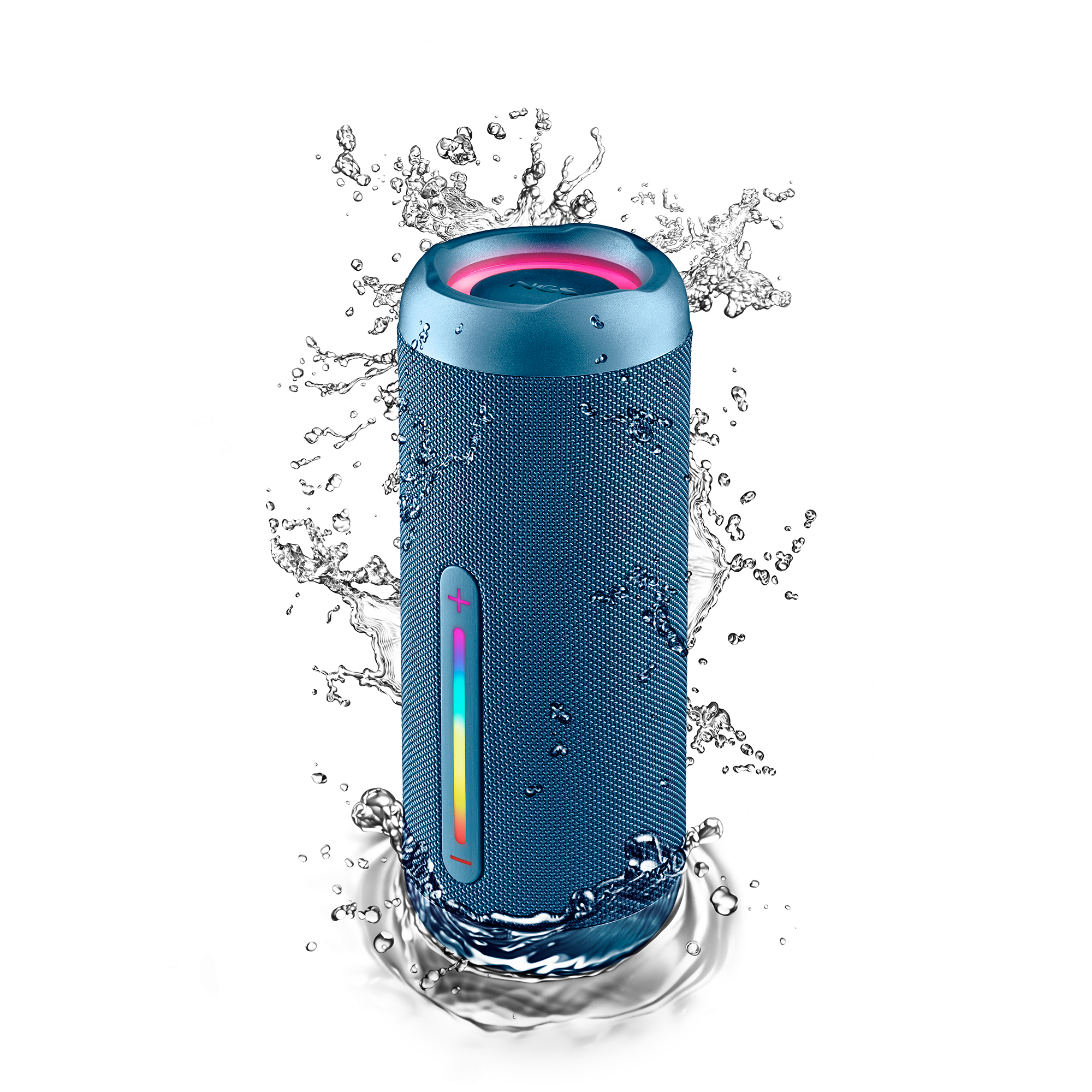 Altoparlante blu con schizzi d'acqua intorno. Lo sfondo è bianco.