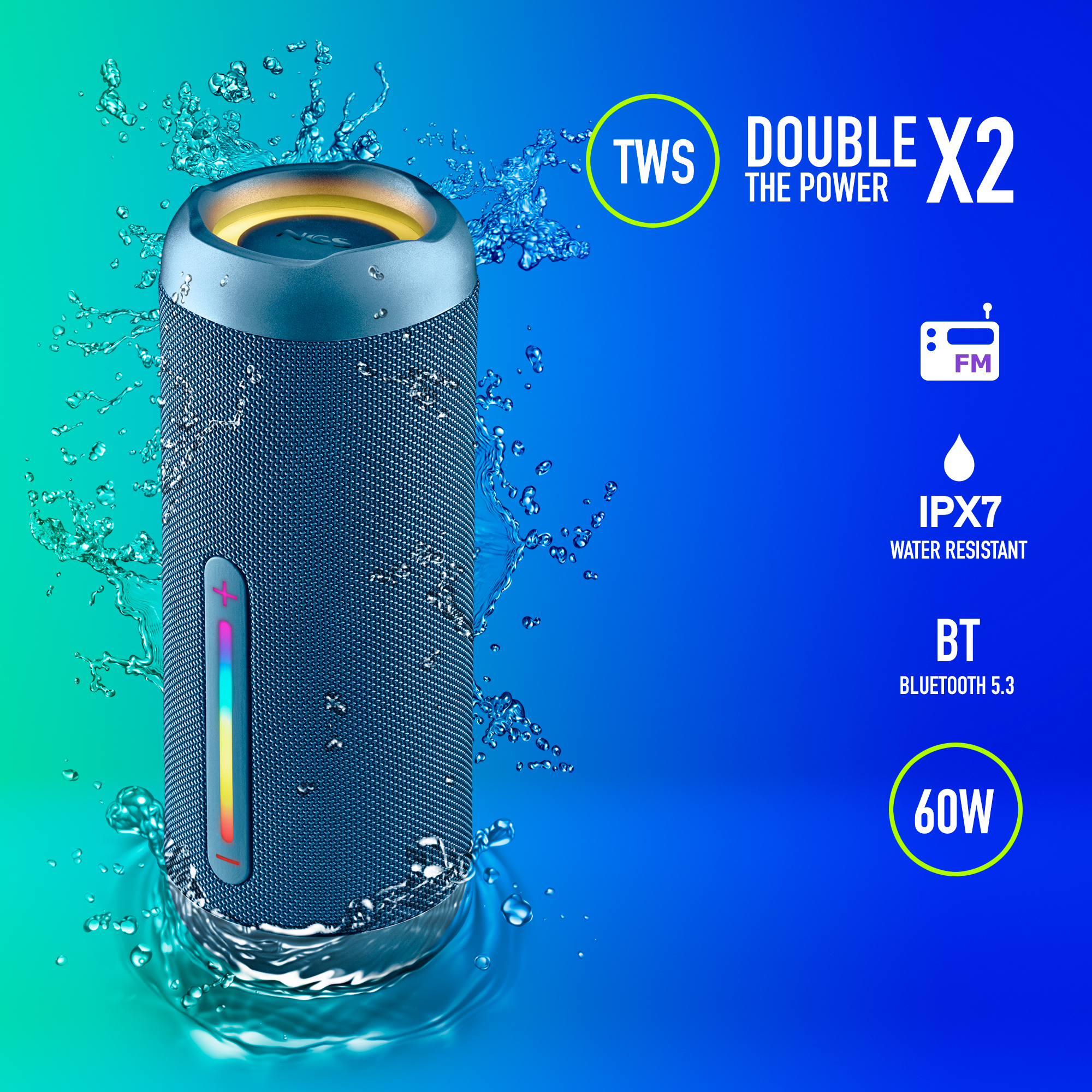 Altoparlante blu con effetto spruzzi d'acqua, testo DOPPIA POTENZA.