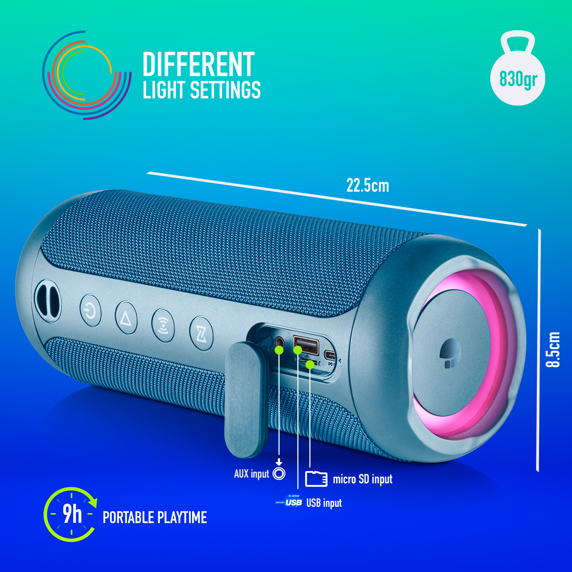 Altoparlante blu con pulsanti di controllo e ingressi. Testo: 'Different Light Settings' e 'Portable Playtime'.