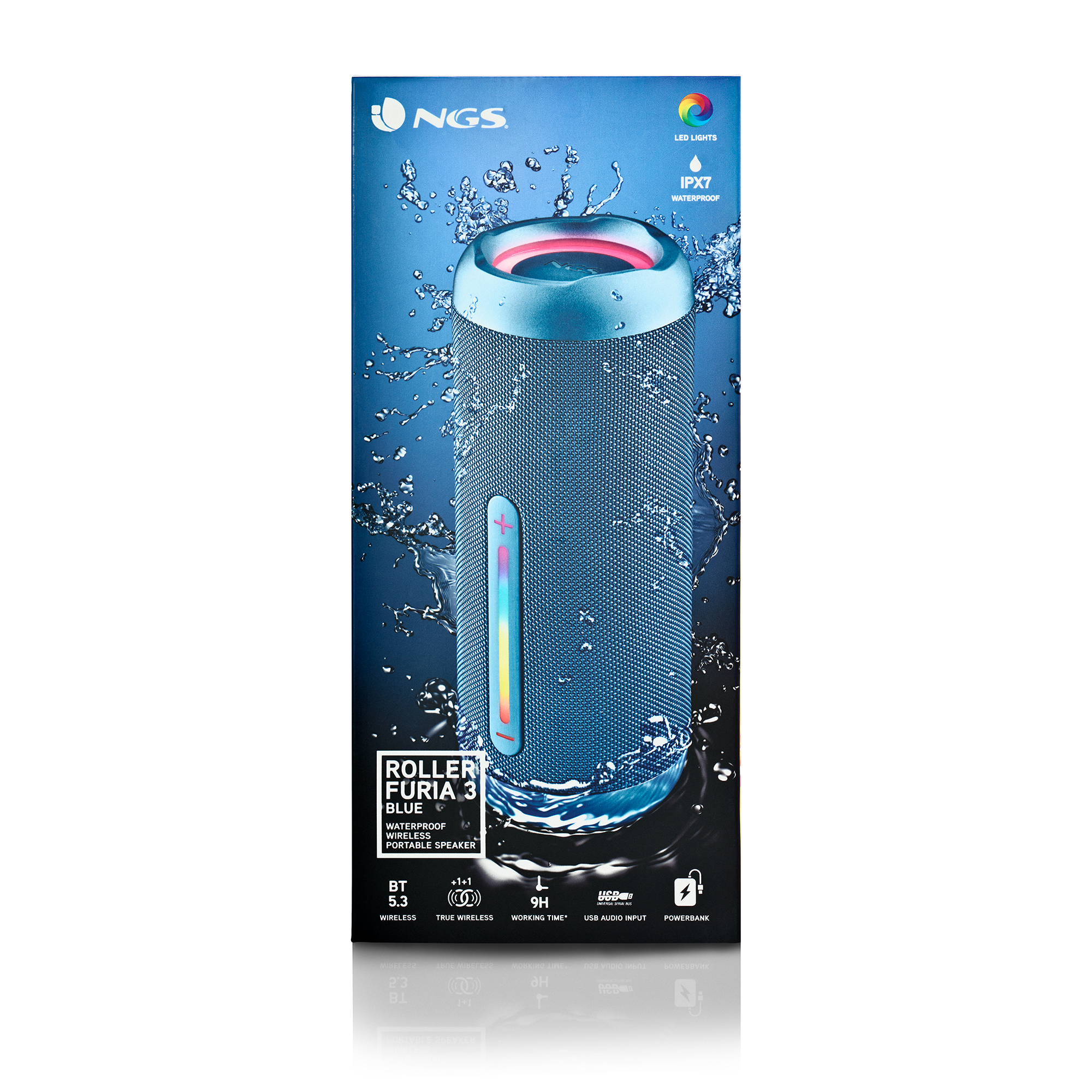 Altoparlante cilindrico blu in una scatola blu. La scatola presenta testo e grafiche a gocce d'acqua.