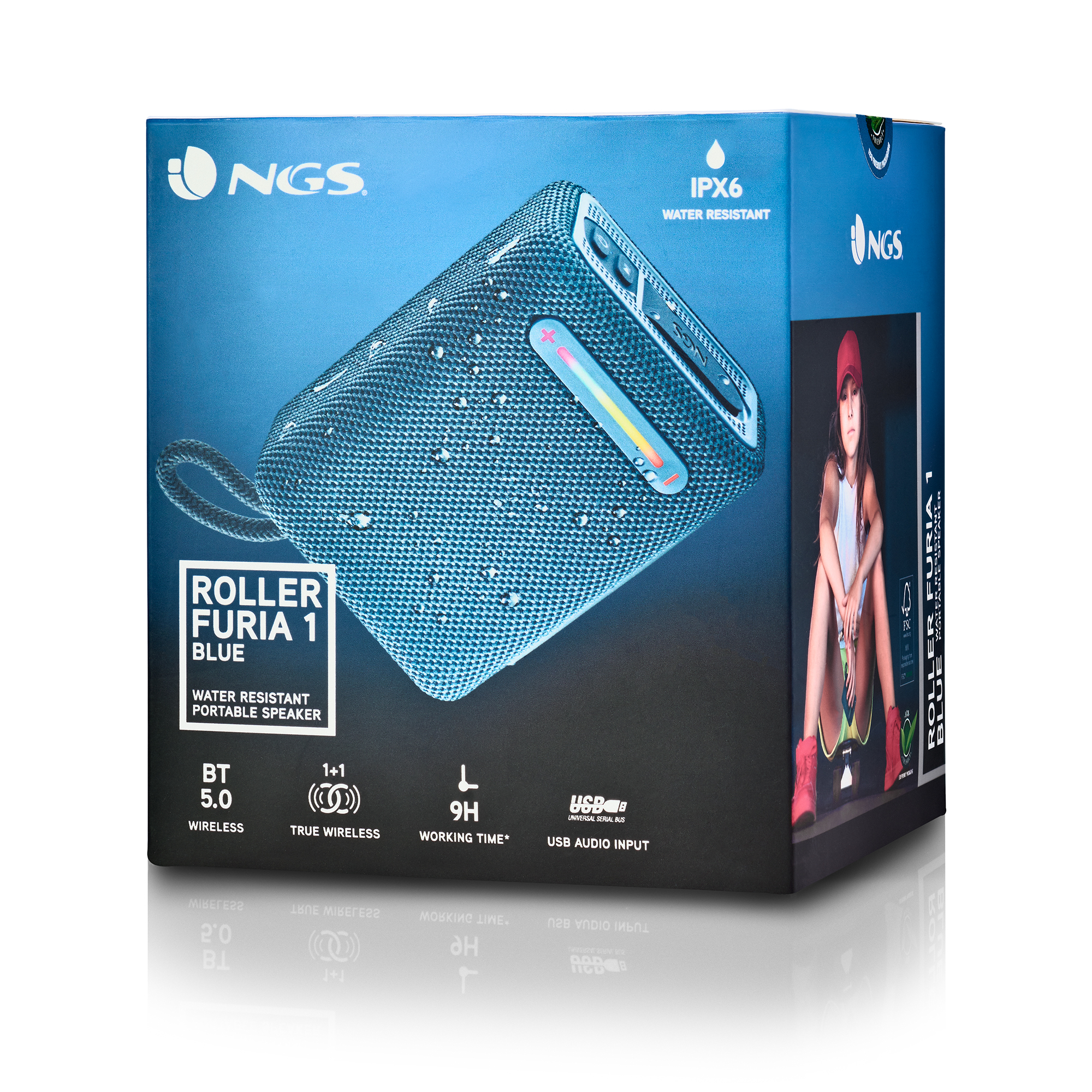 Niebieskie pudełko głośnika NGS Roller Furia 1 z głośnikiem i obrazem dziewczyny.