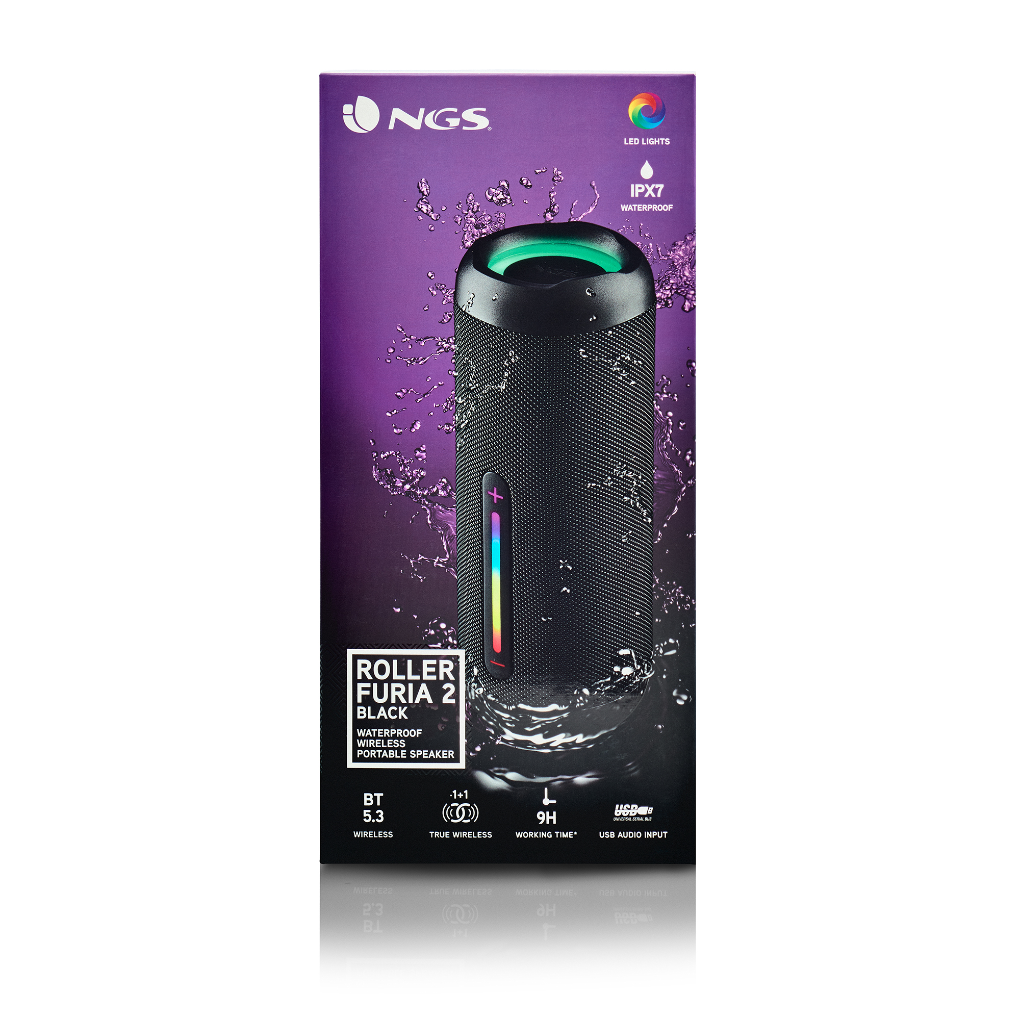 Czarny i szary głośnik w pudełku z marką i informacjami o produkcie.