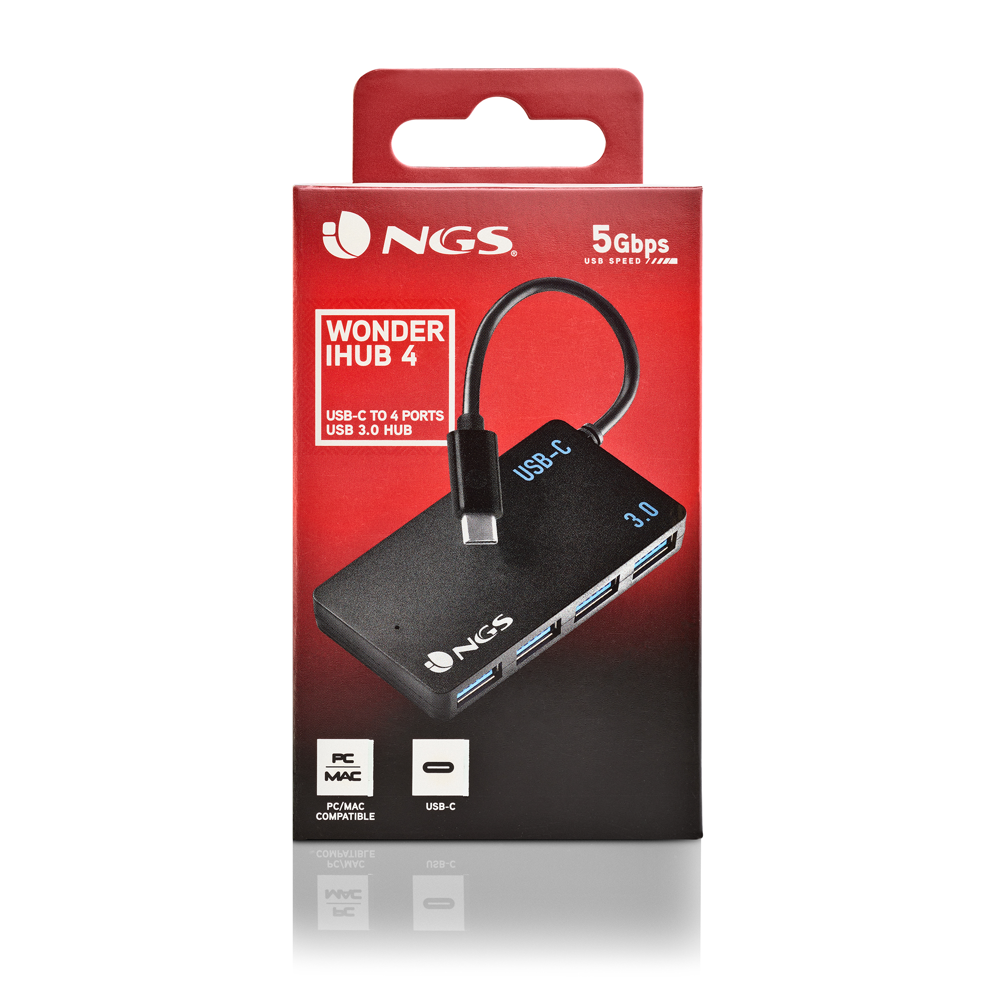 Schwarzer USB-Hub mit vier Anschlüssen. Rote und schwarze Verpackung.