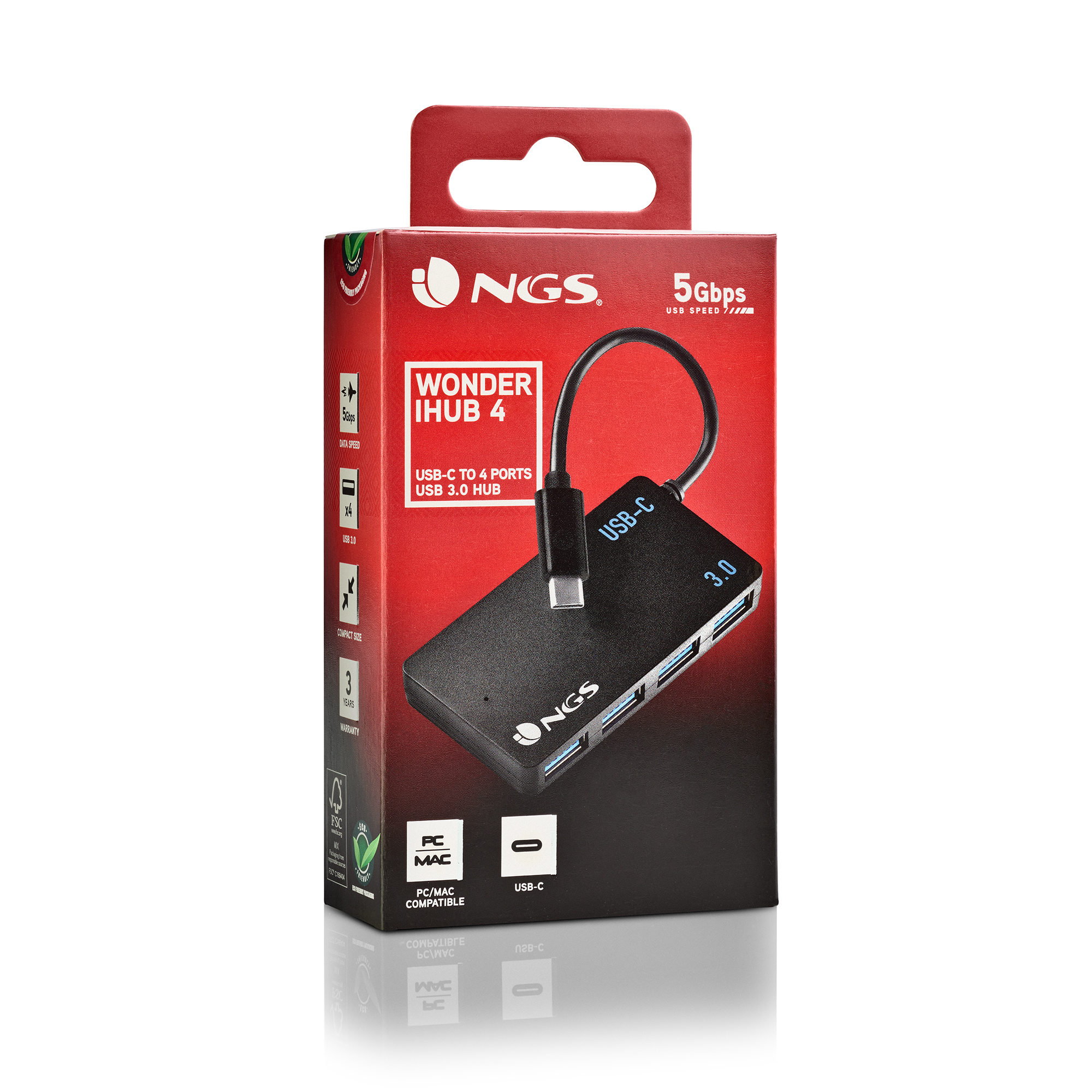 Ein USB-Hub in einer Box mit Text und Symbolen, präsentiert auf weißem Hintergrund.