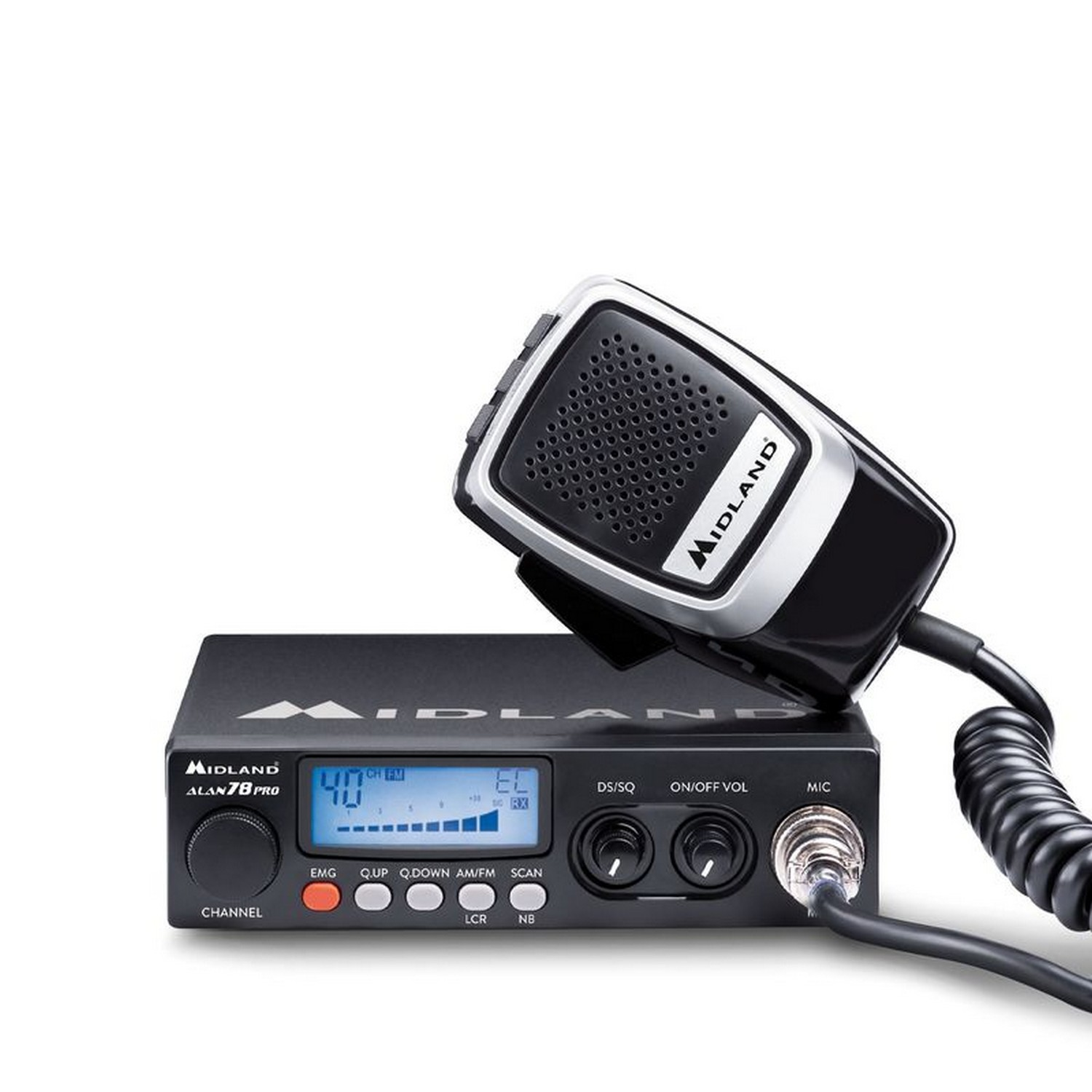 Radio nera, con un microfono. Ha pulsanti, uno schermo e un filo.