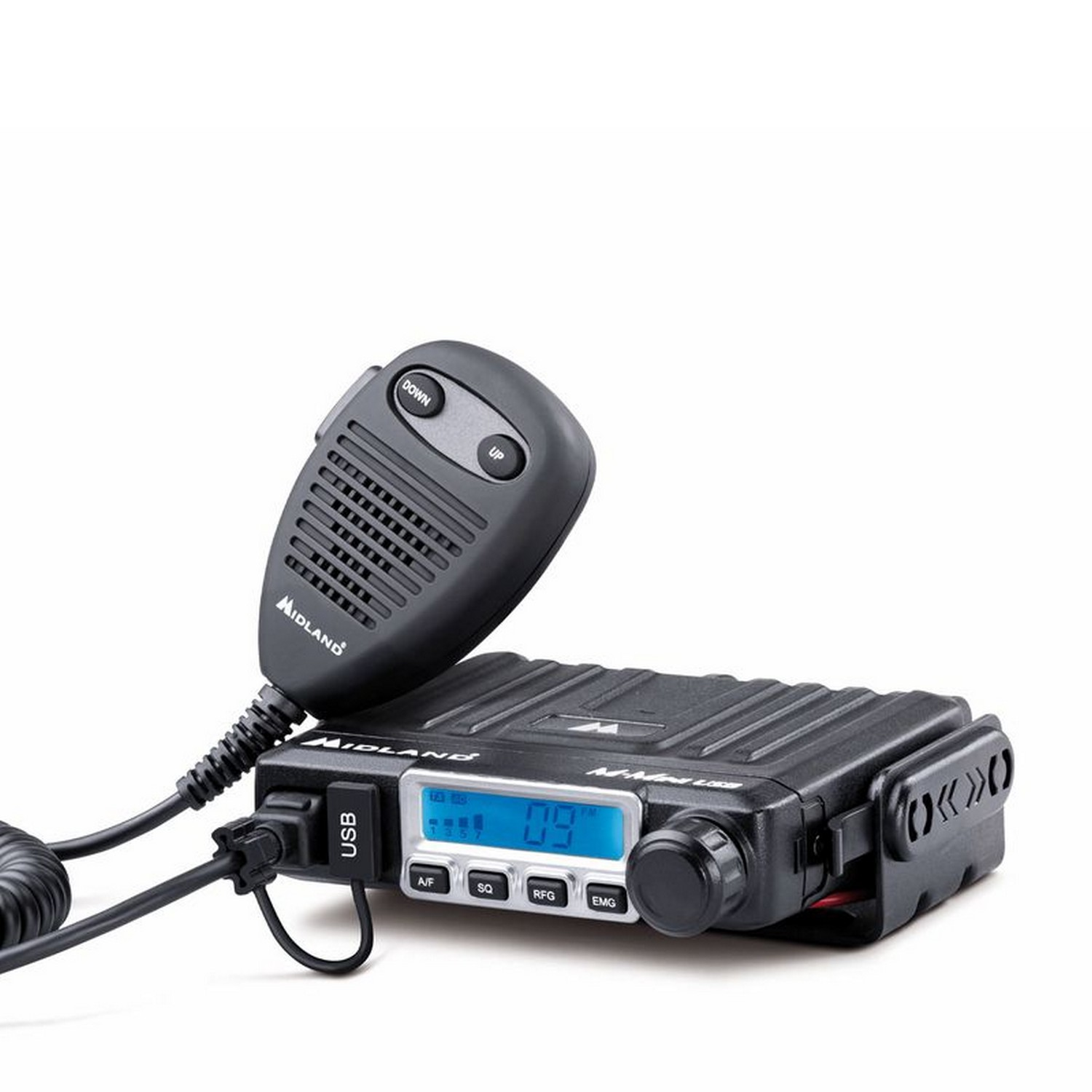 Una radio CB Midland con microfono, porta USB e display digitale.
