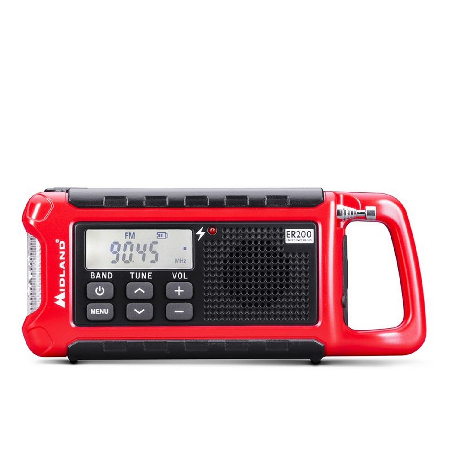 Una radio portátil roja y negra con pantalla y asa.