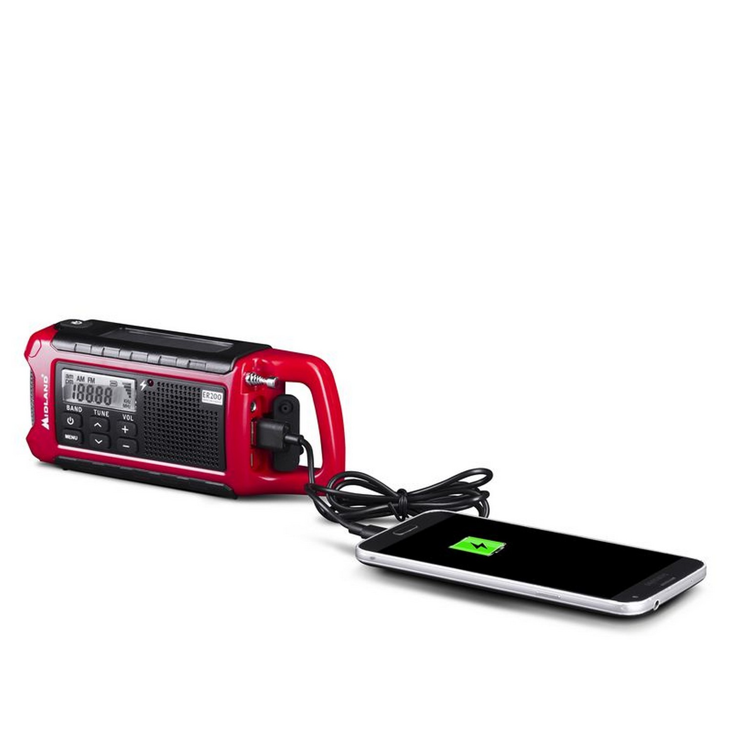 Una radio Midland ER200 roja y negra cargando un smartphone, sobre un fondo blanco.
