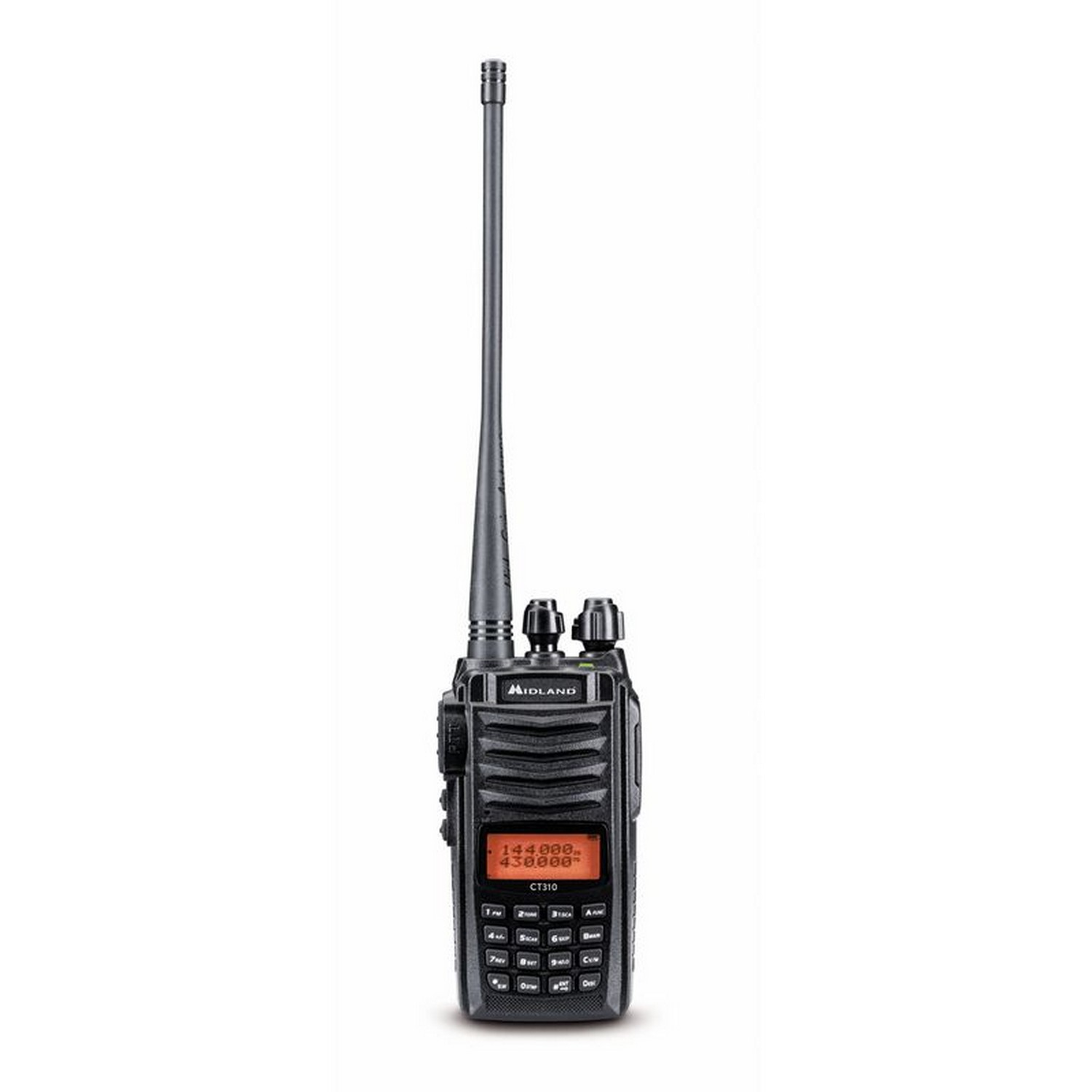 Transceptor de radio Midland negro con antena extendida, botones y pantalla visibles.