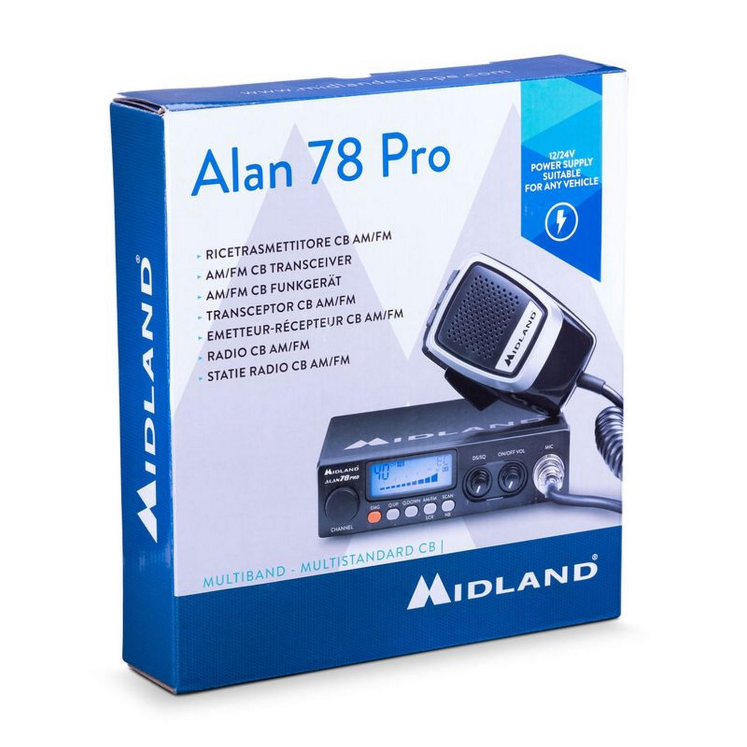 Scatola radio CB Alan 78 Pro. Scatola blu con radio, microfono e istruzioni. Sfondo bianco.