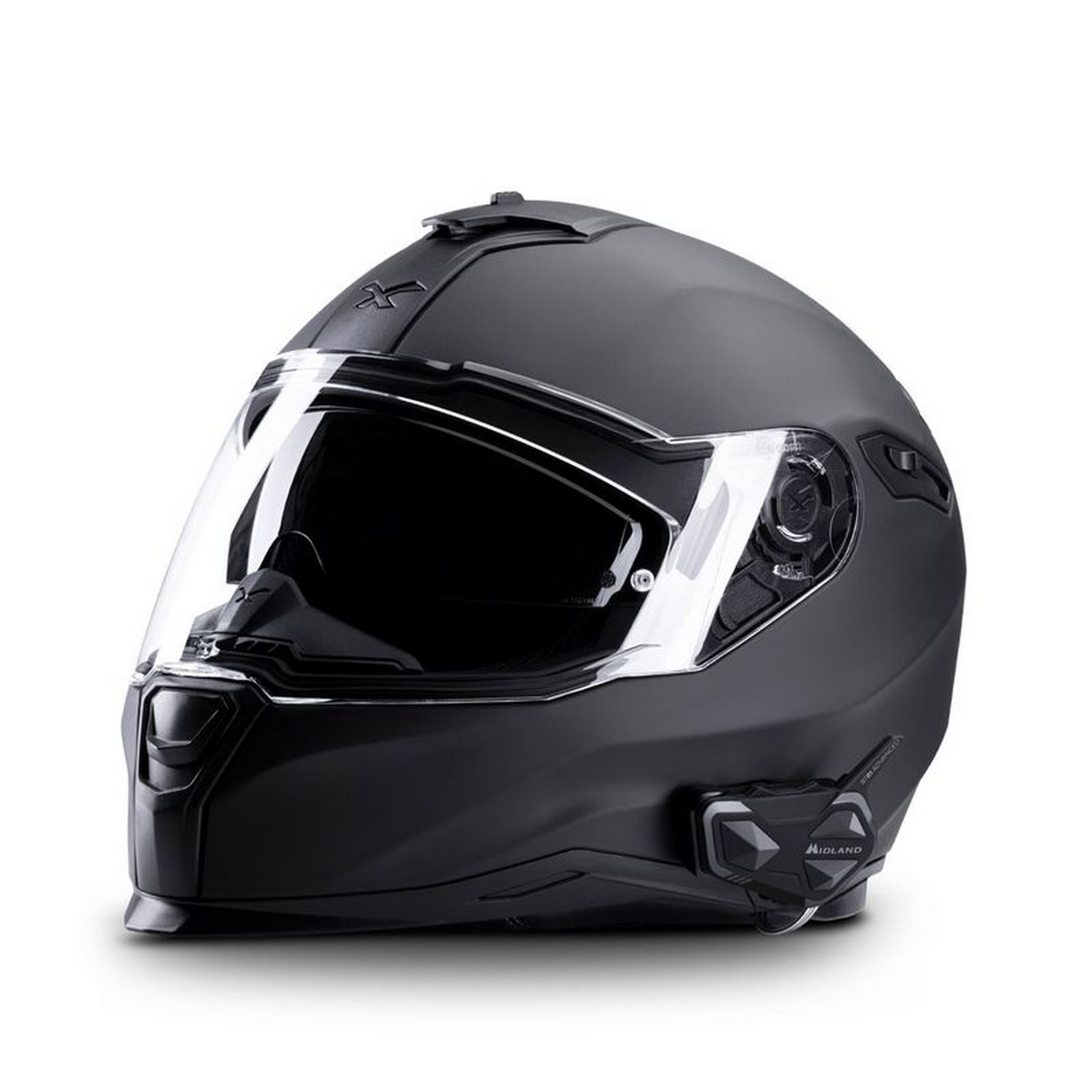 Casco de moto negro con visera transparente y dispositivo de comunicación.
