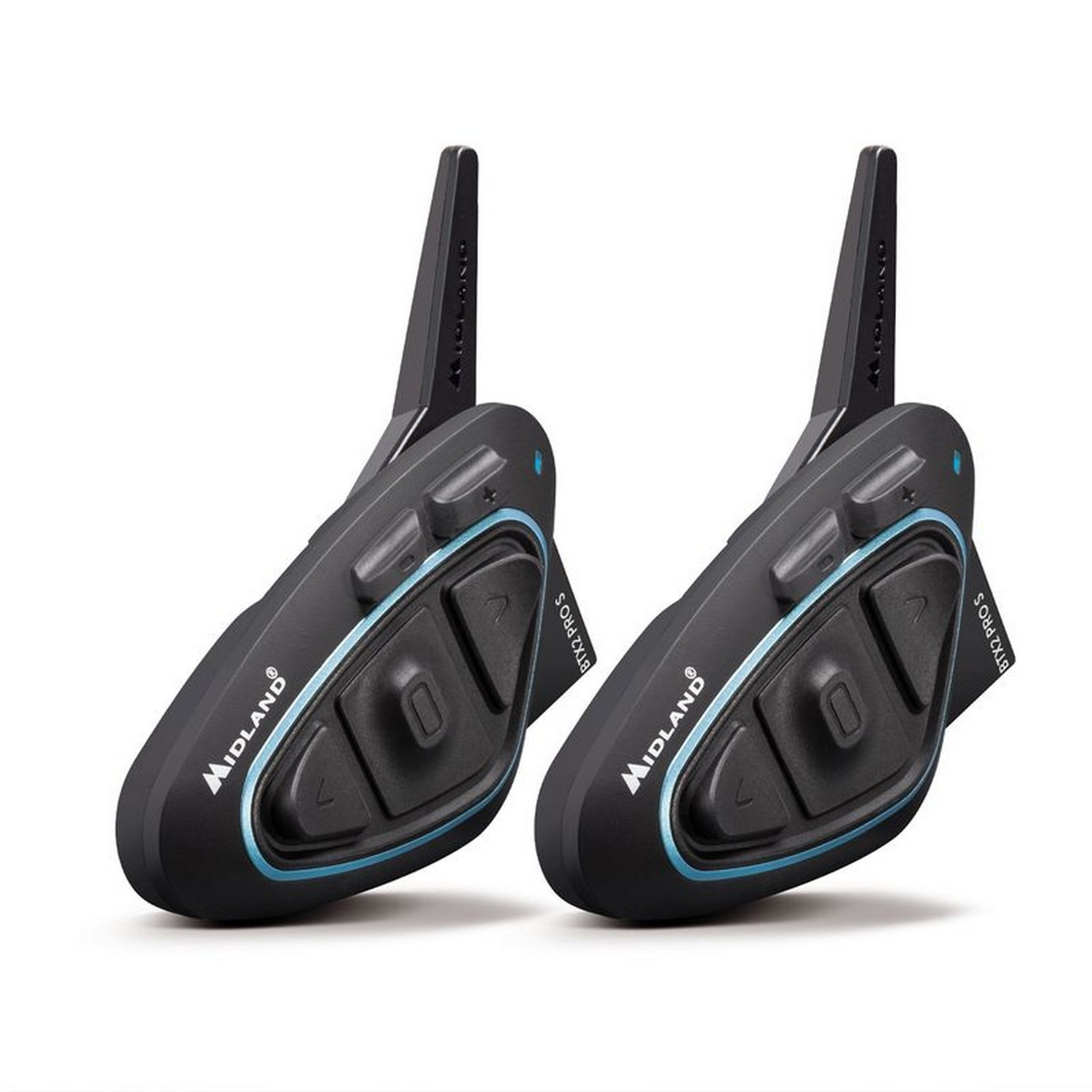 Dos intercomunicadores de motocicleta Midland BTX2 PRO S negros. Tienen detalles azules y antenas.