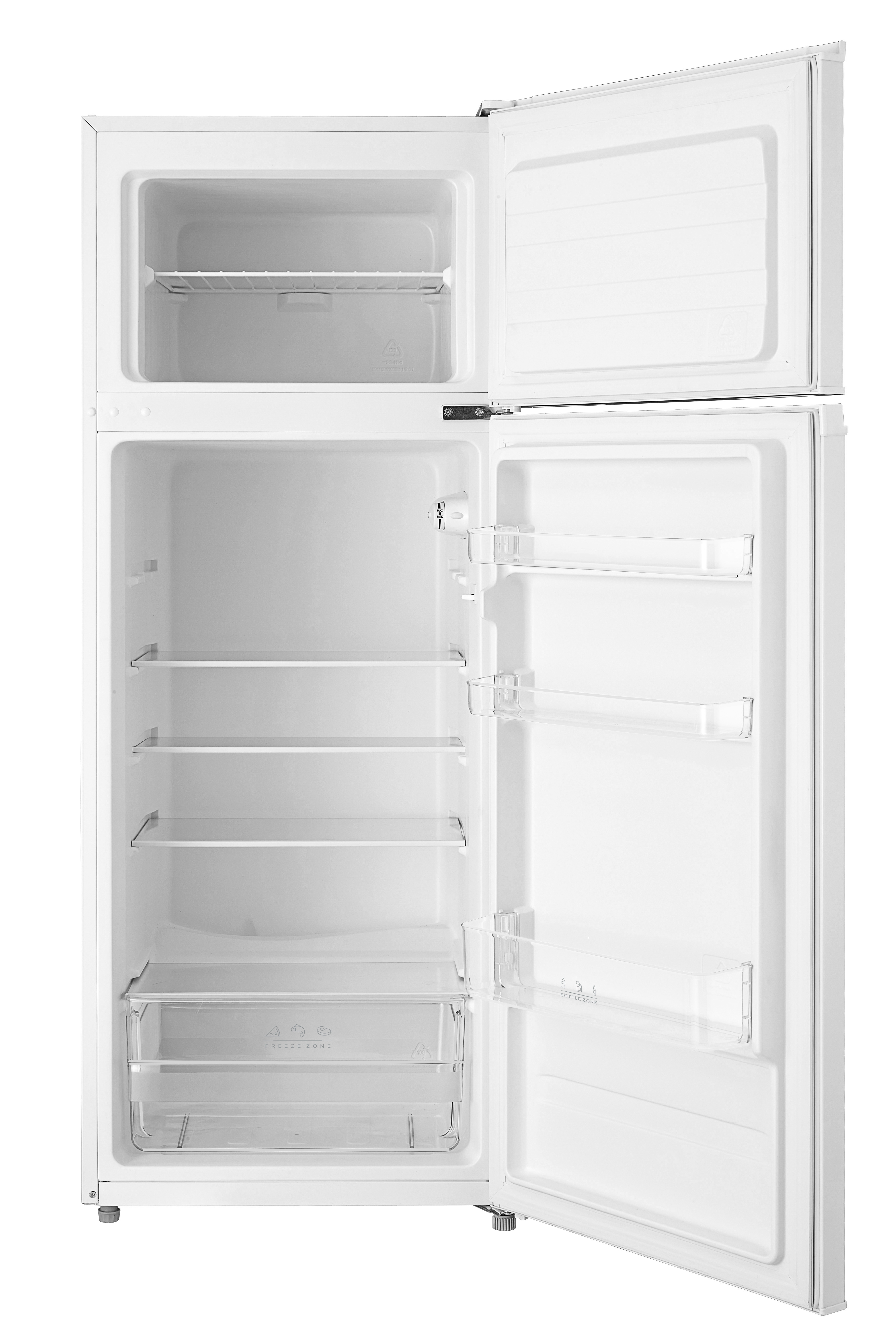 Frigorifero bianco aperto, mostra ripiani, cassetti e scomparti. Congelatore superiore.