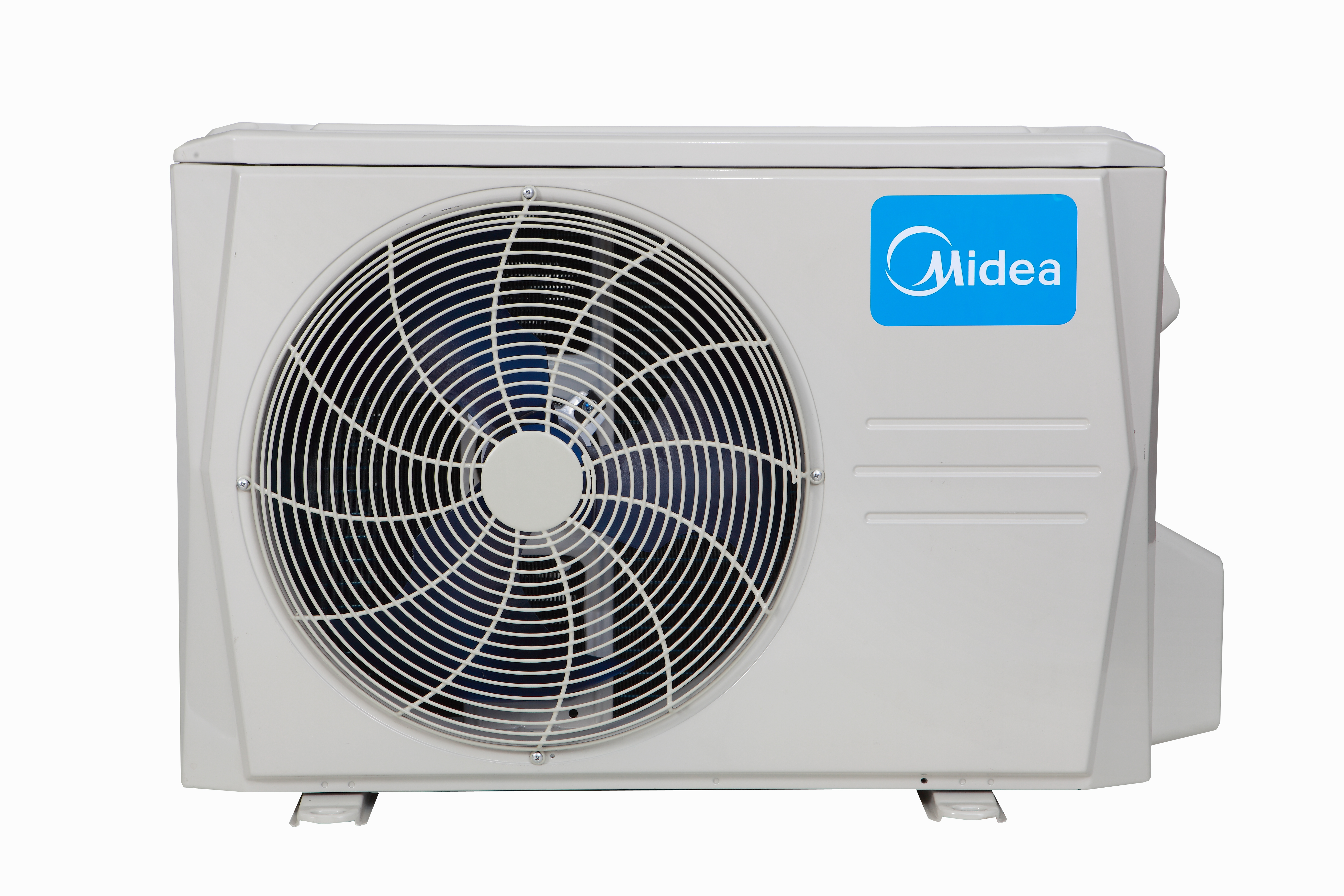 Aire acondicionado blanco con logo azul Midea, ventilador visible. Fondo blanco.