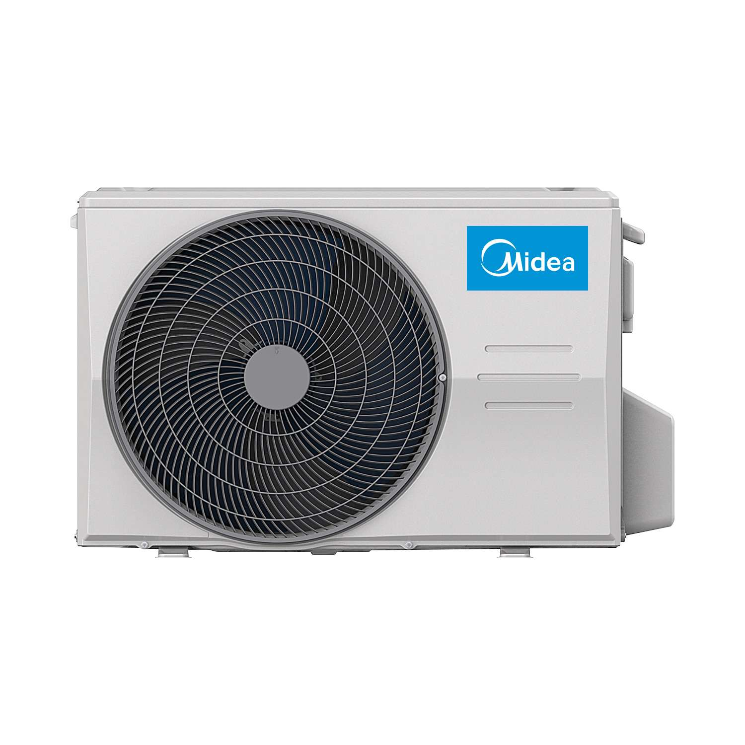 Unidad de aire acondicionado exterior blanca. Ventilador visible en el centro. Logo Midea azul.