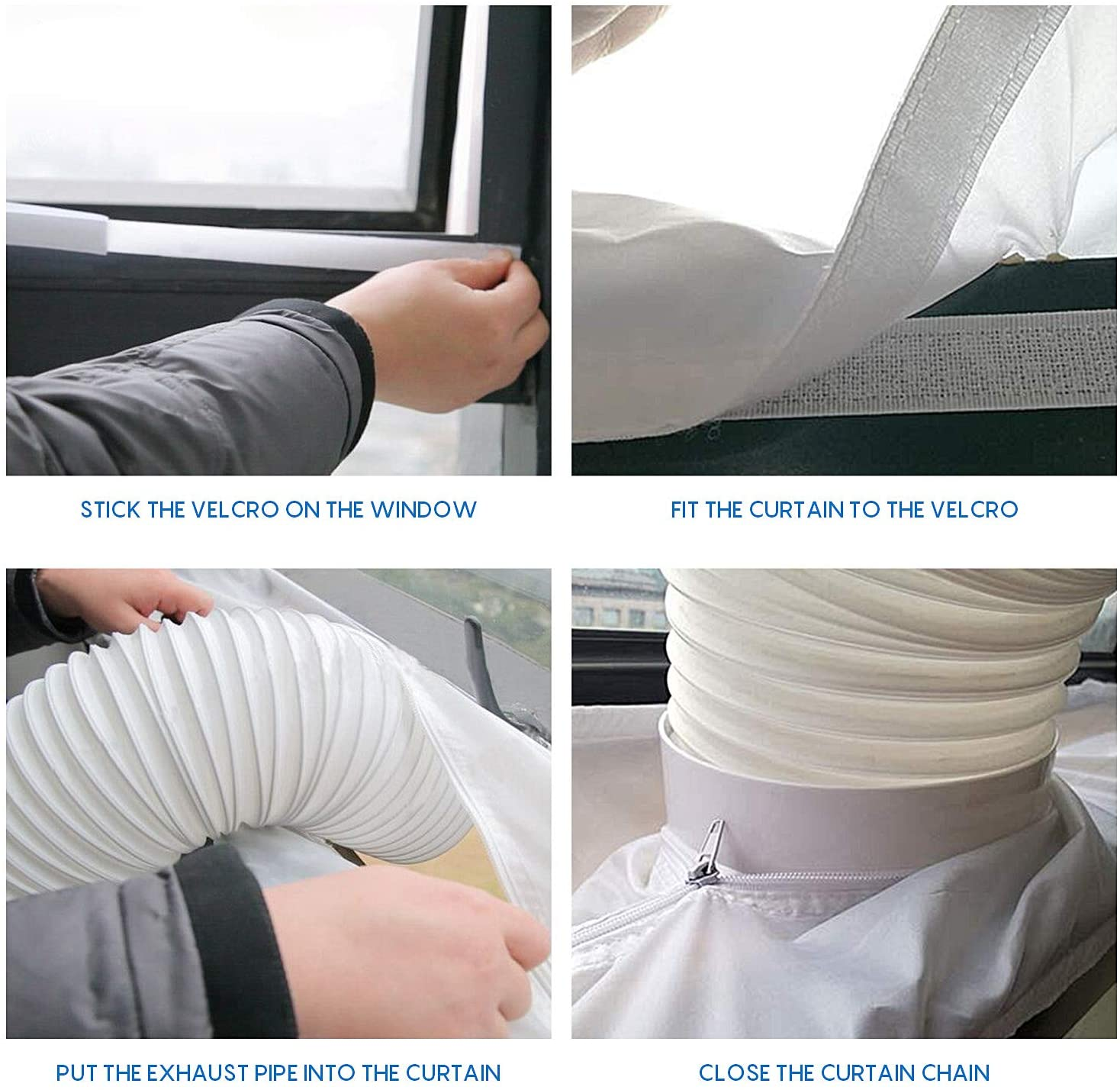A series of images showing the steps to install a window sealing kit for an air conditioner. White background.