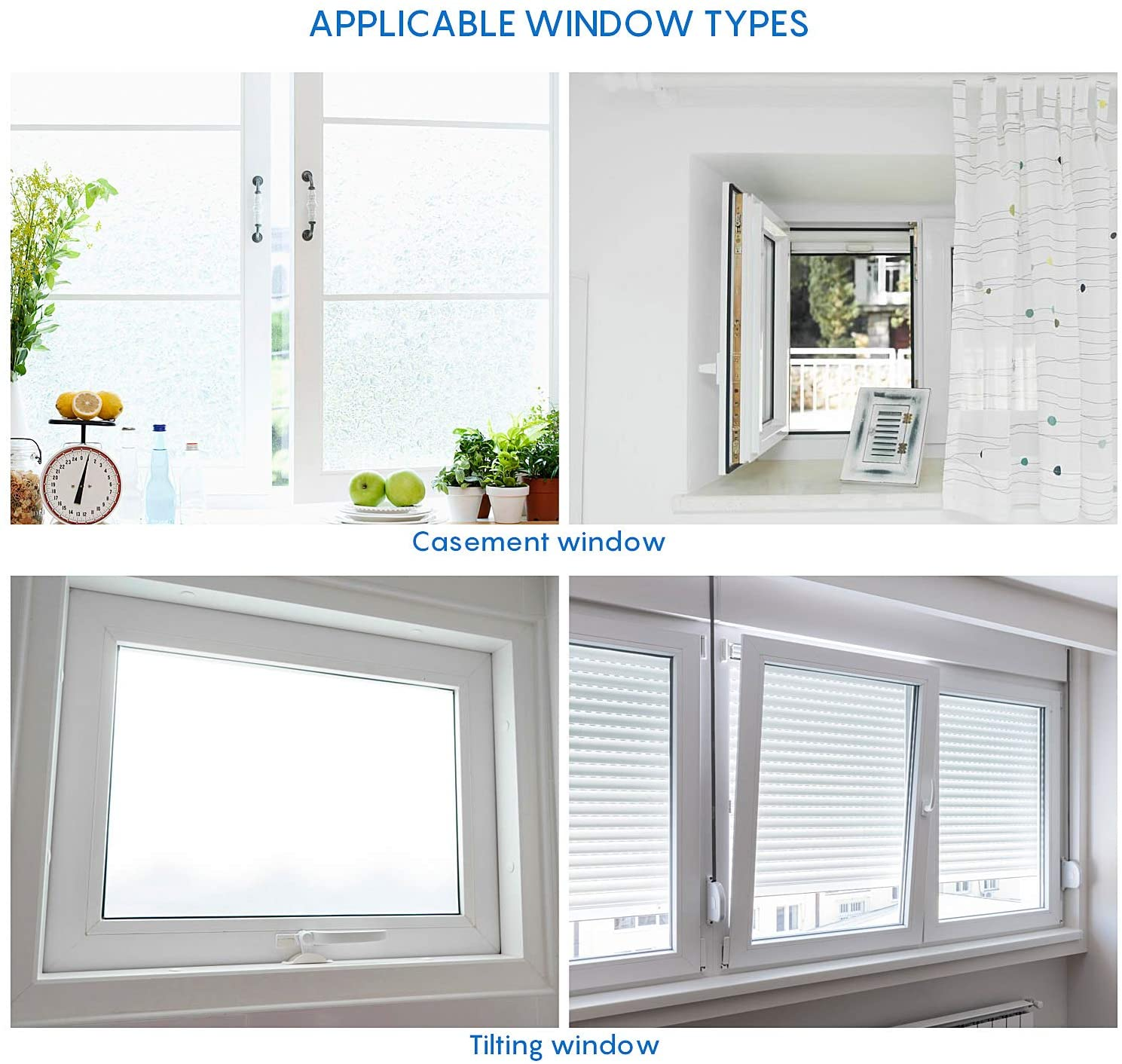 Four windows, including casement and tilting windows, showing different window types.