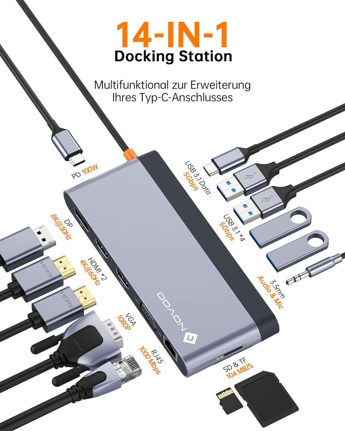 14-in-1 Dockingstation mit mehreren Anschlüssen und Kabeln, mit Beschriftungen und Text.