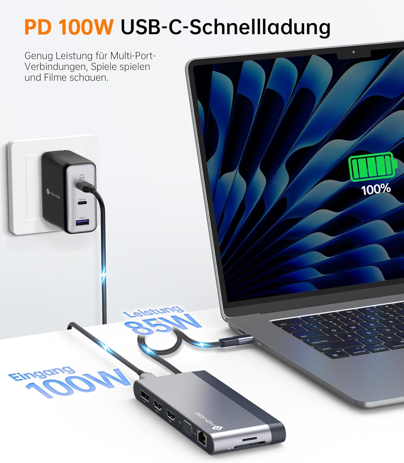 Ein Laptop, der an einen Multiport-Adapter angeschlossen ist und über eine Steckdose mit einem 100-W-USB-C-Schnellladegerät geladen wird.