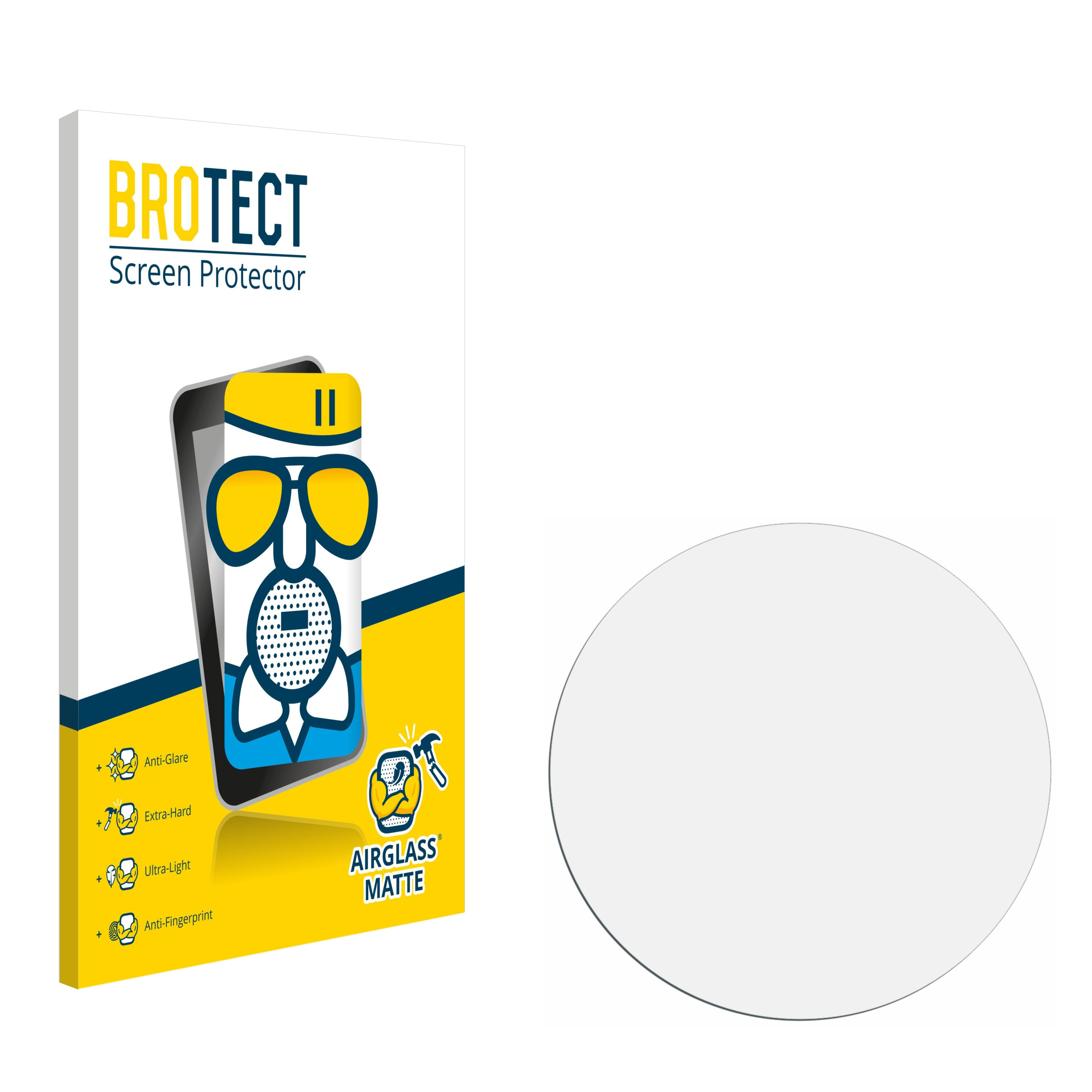Paket mit Displayschutz und einem ovalen Schutz. Aufschrift: 'BROTECT Screen Protector, AIRGLASS MATTE'.