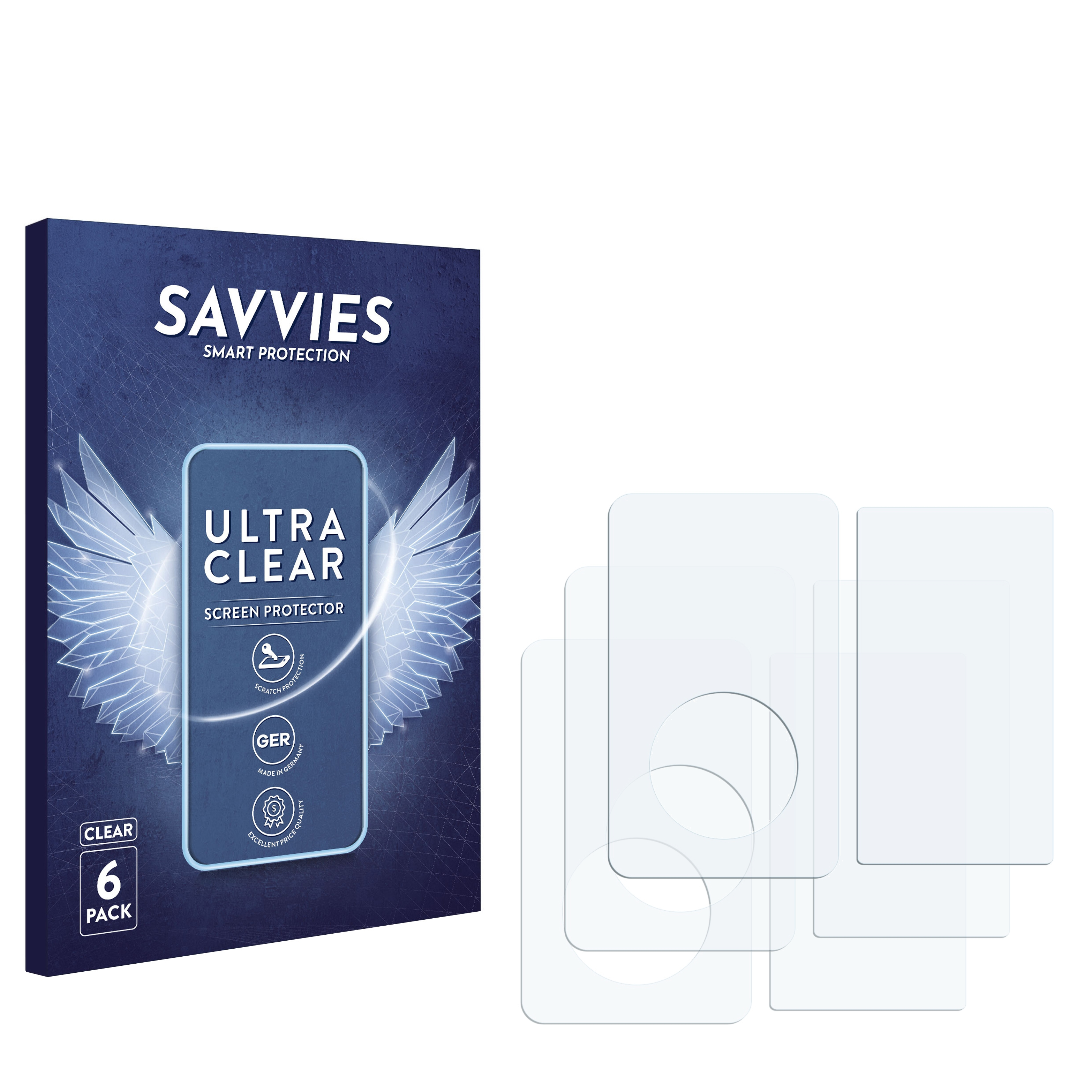 Eine Displayschutzfolienverpackung und mehrere Displayschutzfolien auf einer weißen Oberfläche.