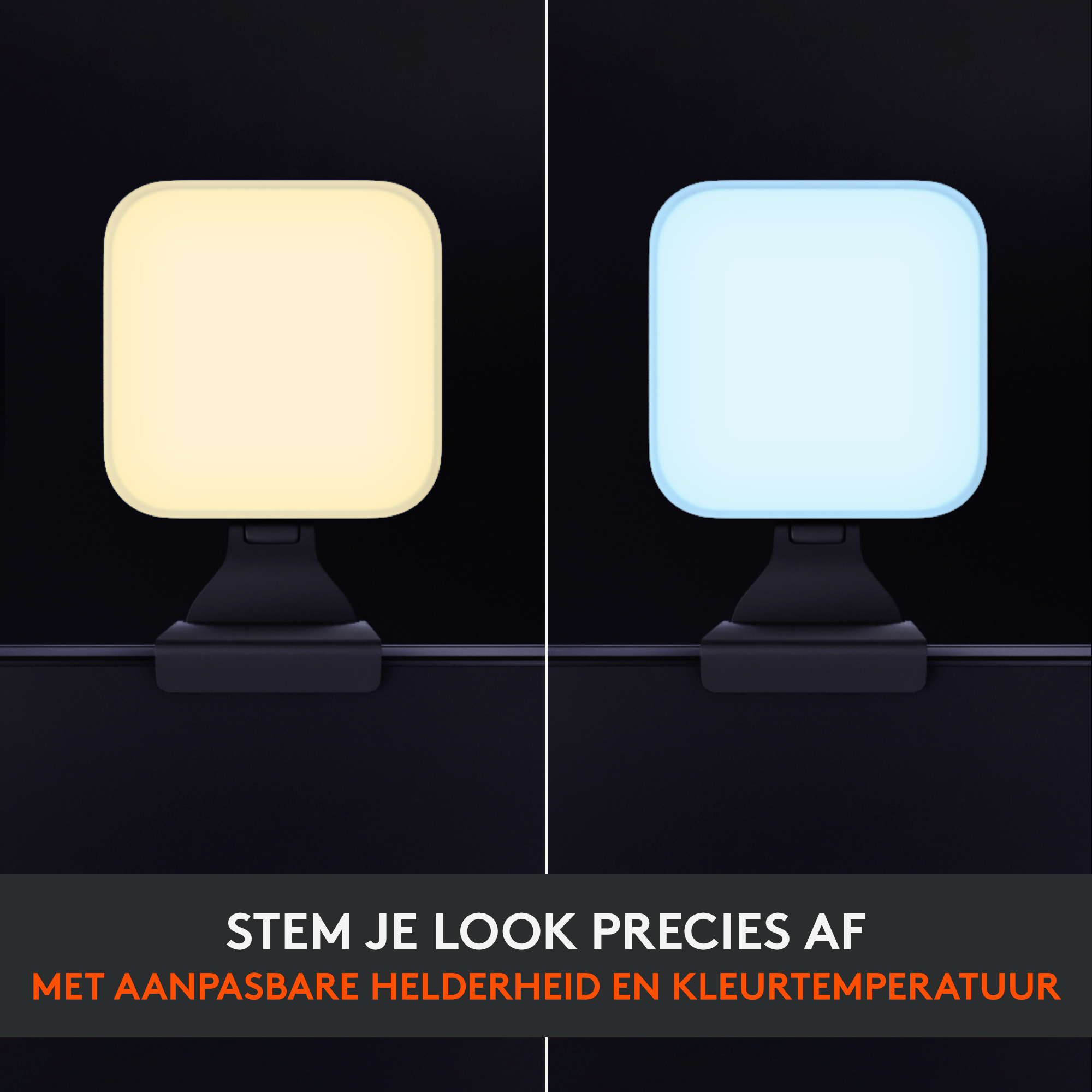Dos luces cuadradas, una amarilla y otra azul, iluminan un fondo oscuro, brillo y color ajustables.