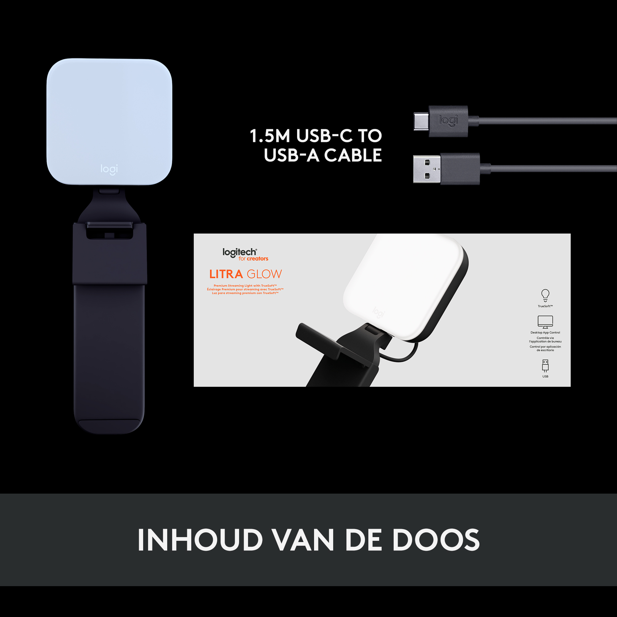 Una luz con cable USB-C y una caja con accesorios. Texto: 'Inhoud van de doos'.