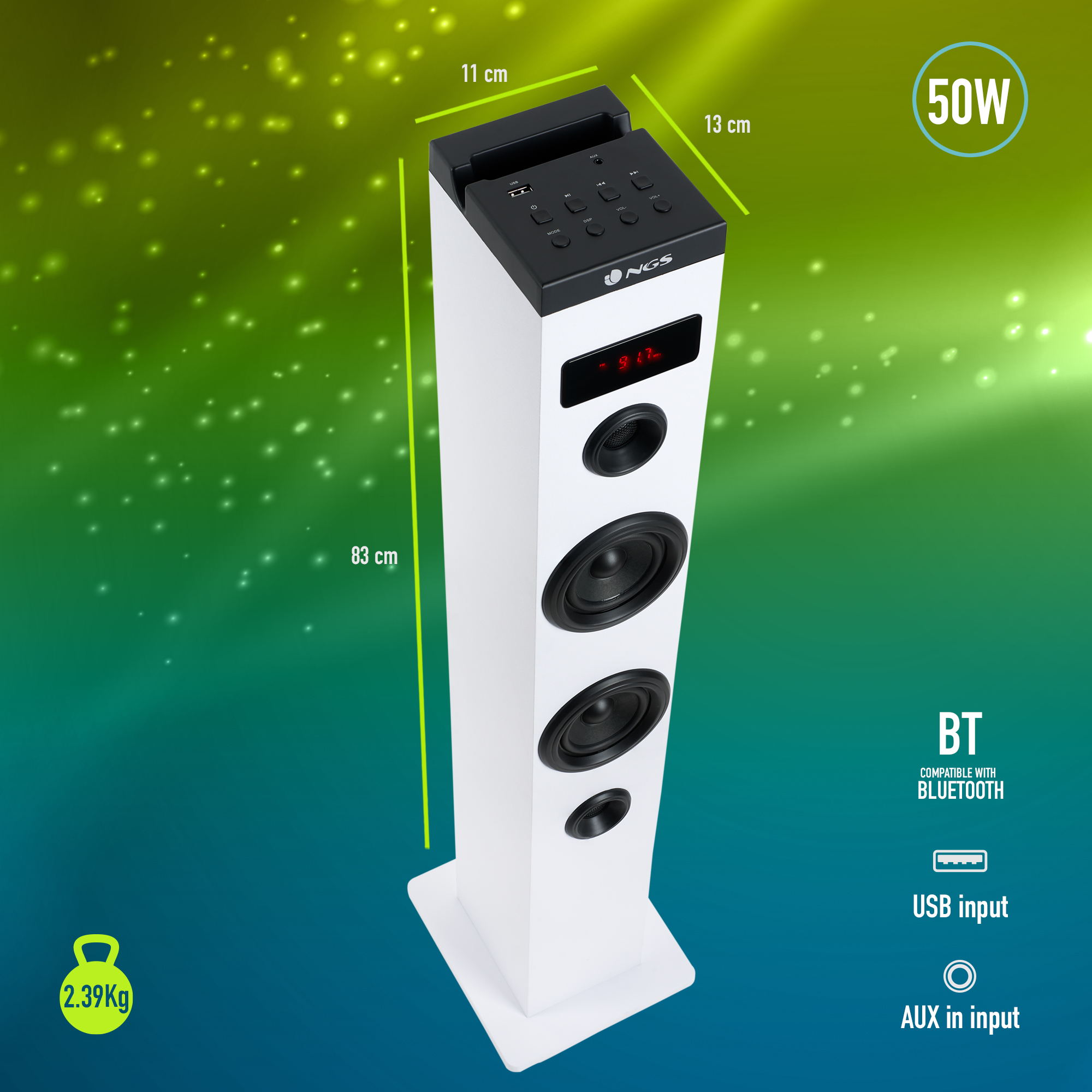 Weißer Lautsprecher mit schwarzem Oberteil. Merkmale Abmessungen und Bluetooth-Logo.