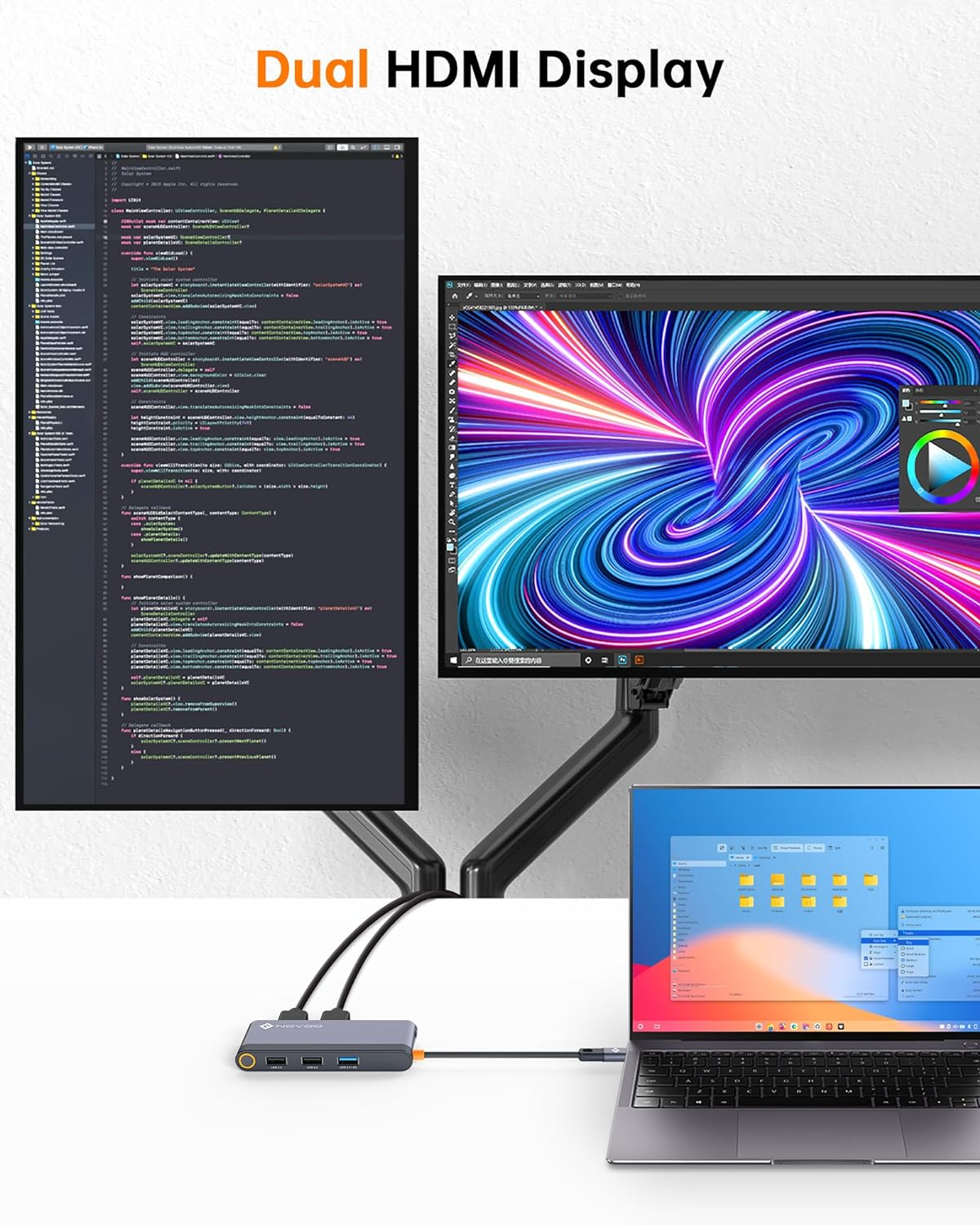 Dual-Monitor-Setup, über einen Hub mit Code auf einem Bildschirm mit Laptop verbunden.