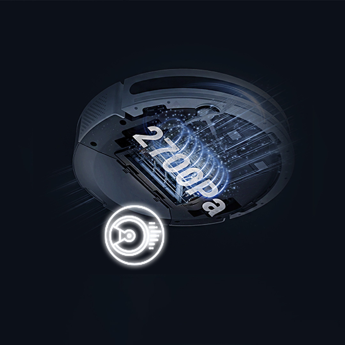 Odkurzacz robot z niebieskim świecącym wzorem pokazującym moc ssania na czarnym tle.