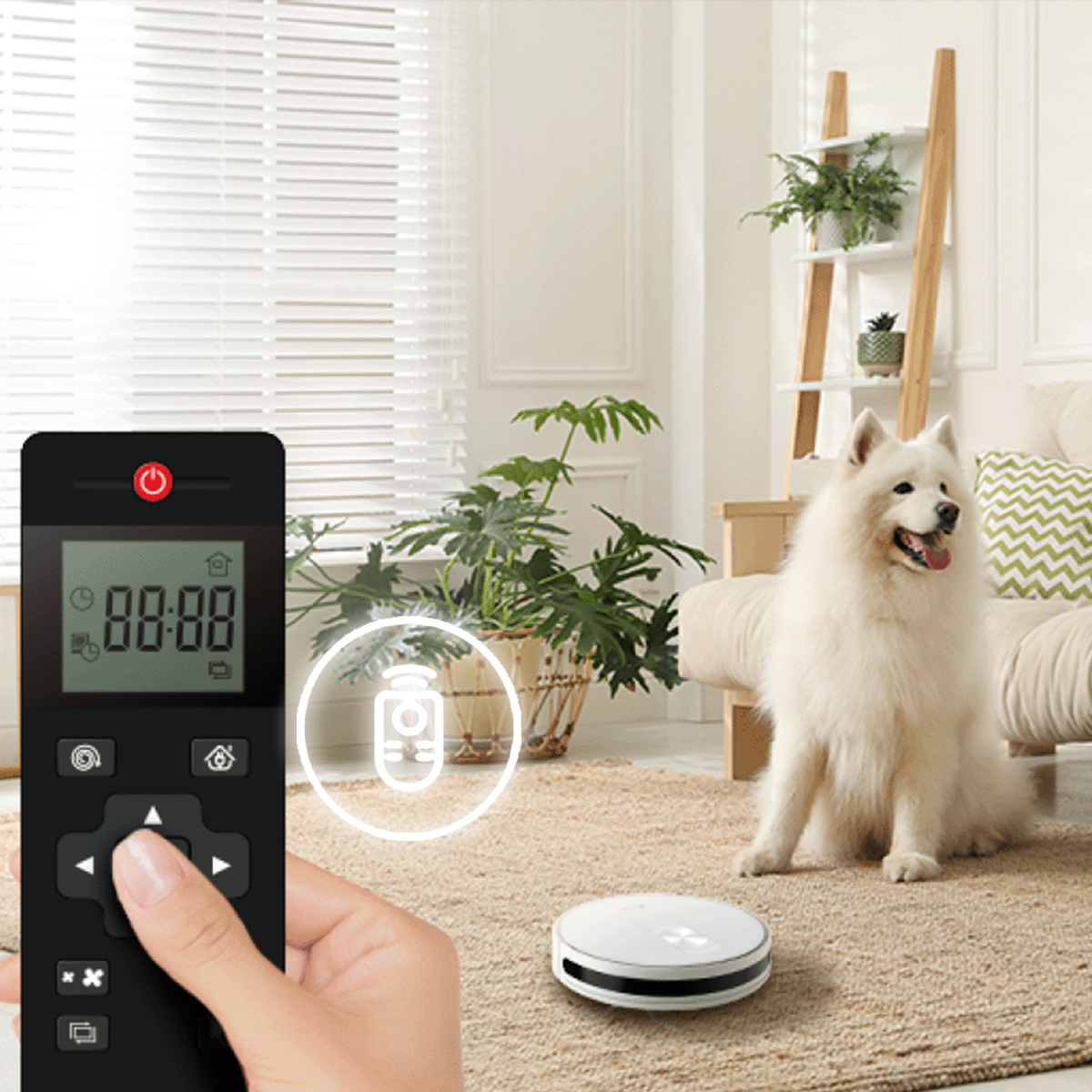 Pilot w użyciu, z inteligentnym domem w tle i psem.