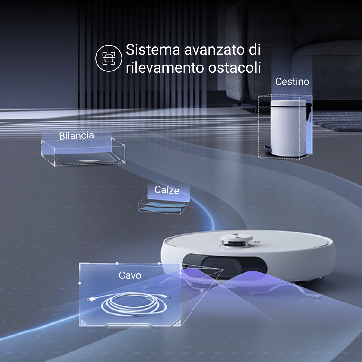 Odkurzacz robot sprzątający. Wykrywanie przeszkód, pokazane przez niebieskie linie, z etykietami. Tło wnętrza pokoju.