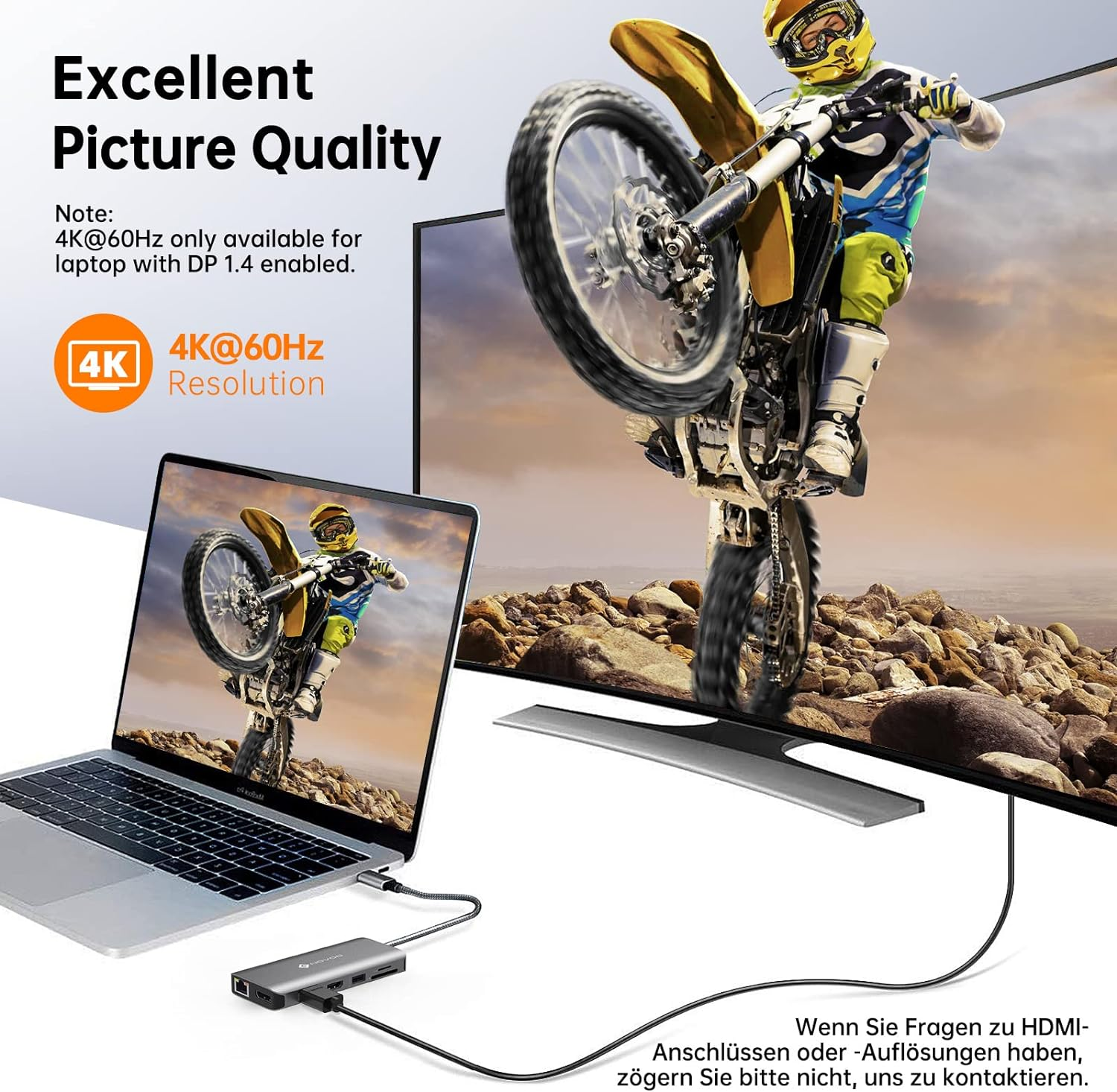 Laptop, der an einen Bildschirm angeschlossen ist, der einen Motocross-Fahrer zeigt, mit 4K@60Hz Auflösungsgrafik.
