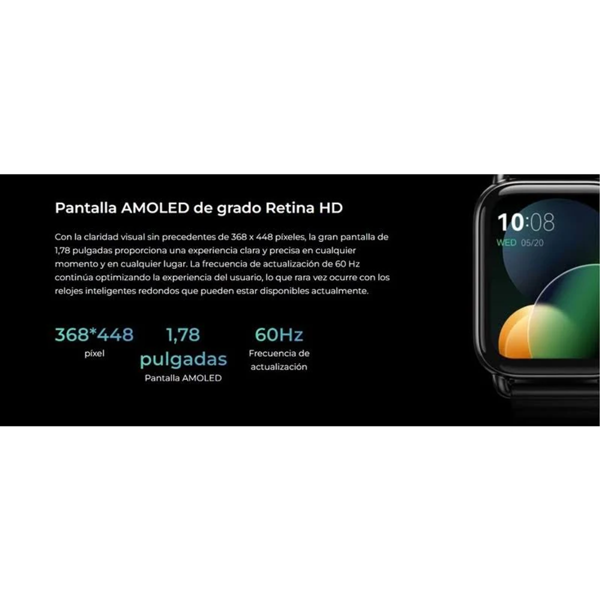 Smartwatch su sfondo bianco. Mostra ora, data e interfaccia grafica. Dettagli schermo AMOLED.