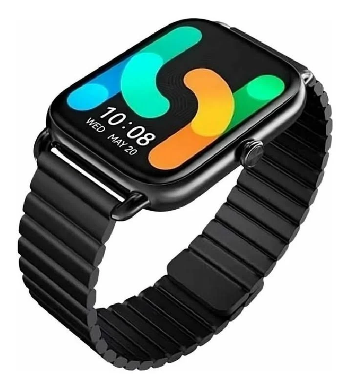 Uno smartwatch nero con schermo curvo e cinturino in metallo nero.