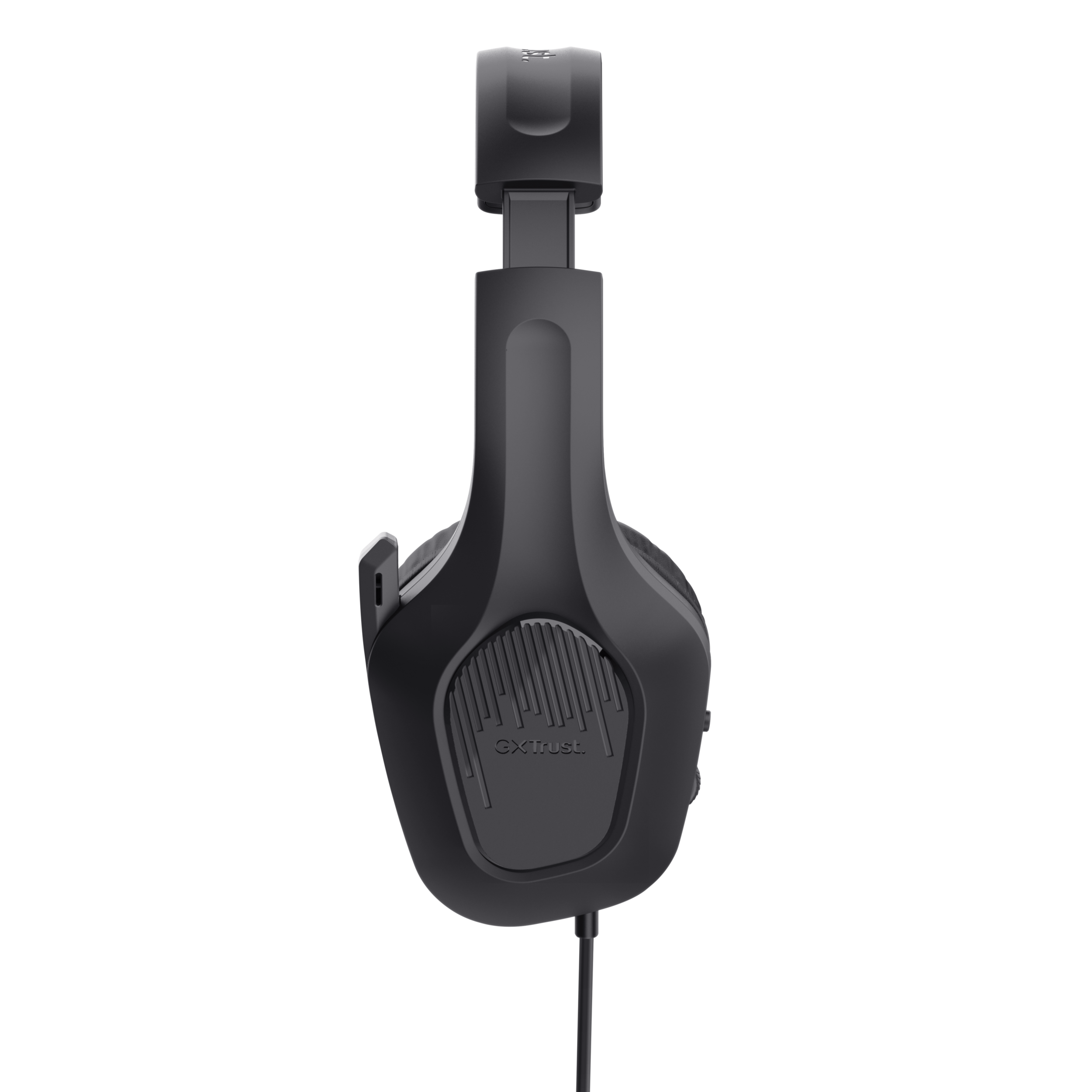 Czarne słuchawki do gier, widok z boku, z regulowanym pałąkiem i nausznikami, kabel zwisa. Czarne tło.