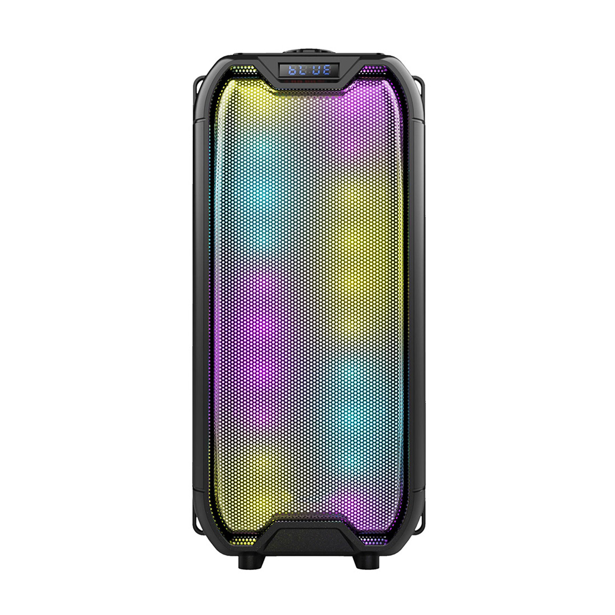 Un altavoz negro con luces coloridas brillando a través de una rejilla frontal.
