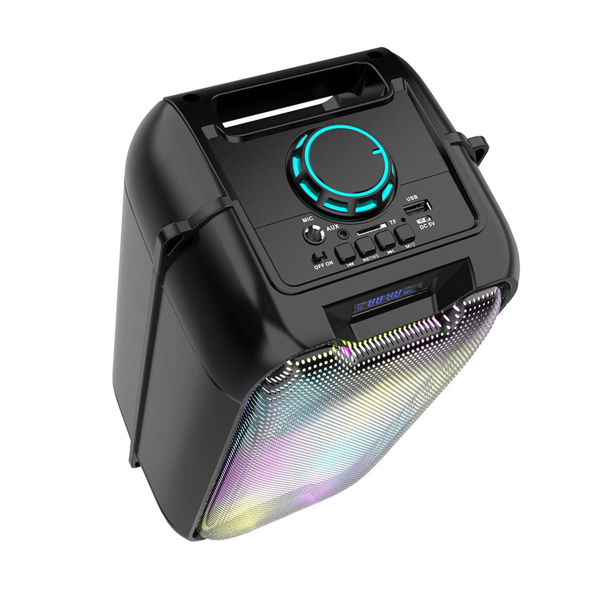 Altavoz negro con rejilla iluminada de colores. Fondo blanco.
