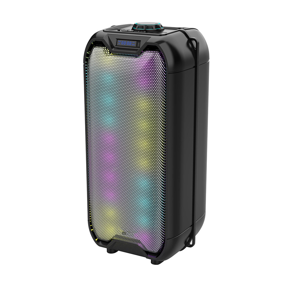Un altavoz negro con una pantalla de luz colorida en la parte delantera.